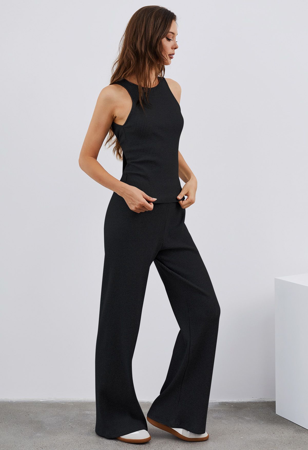 Open Back Cotton Tank Top and Flare Pants Set in Black - Retro