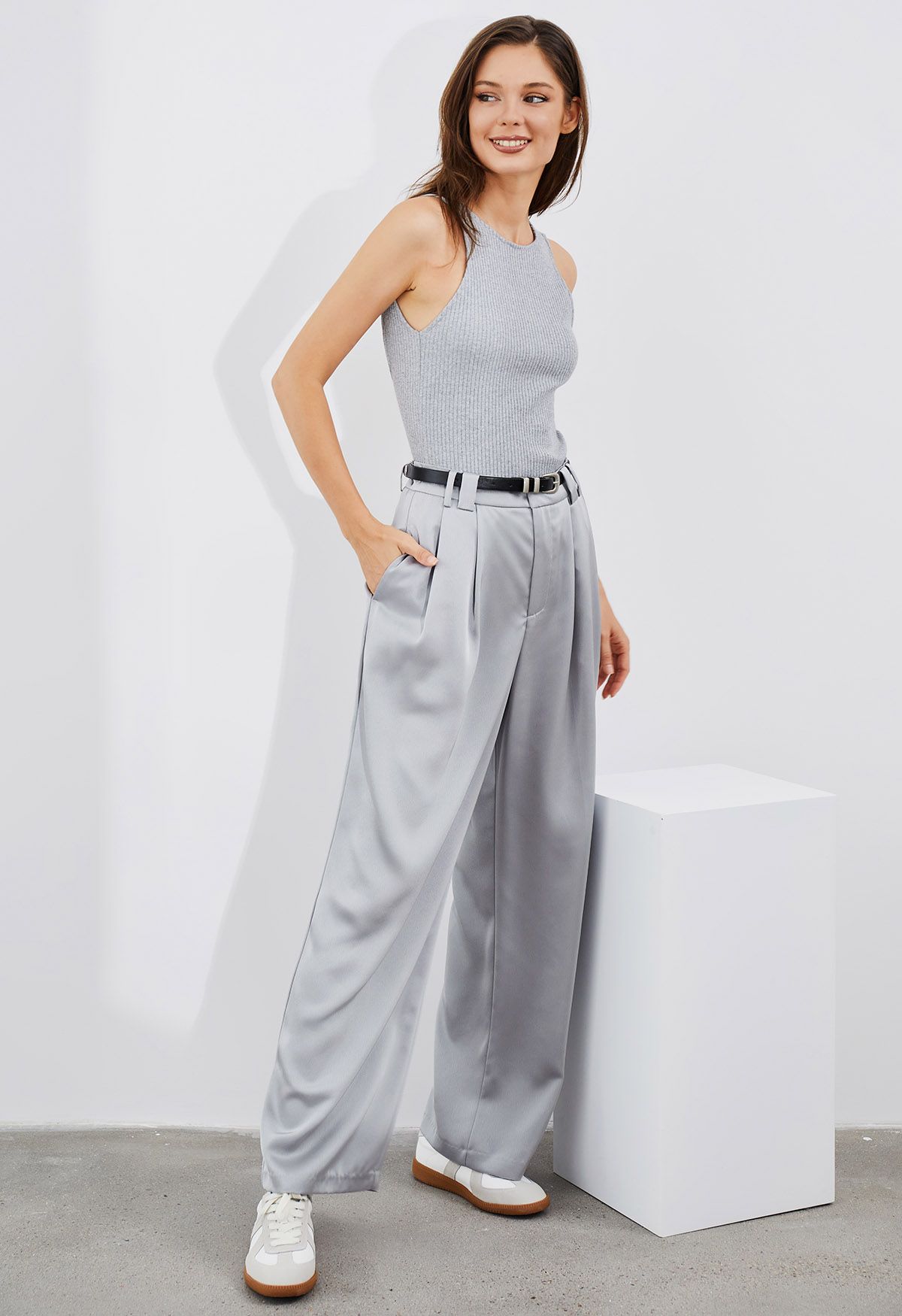 Satin Straight-Leg Pants with Faux Leather Belt in Grey