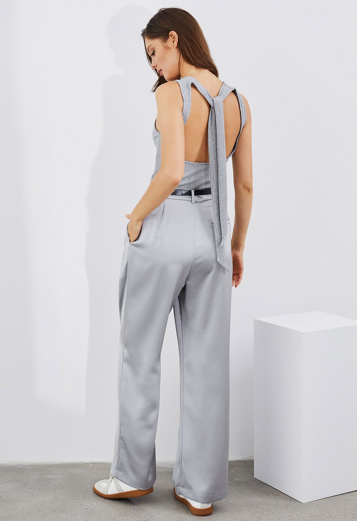 Satin Straight-Leg Pants with Faux Leather Belt in Grey