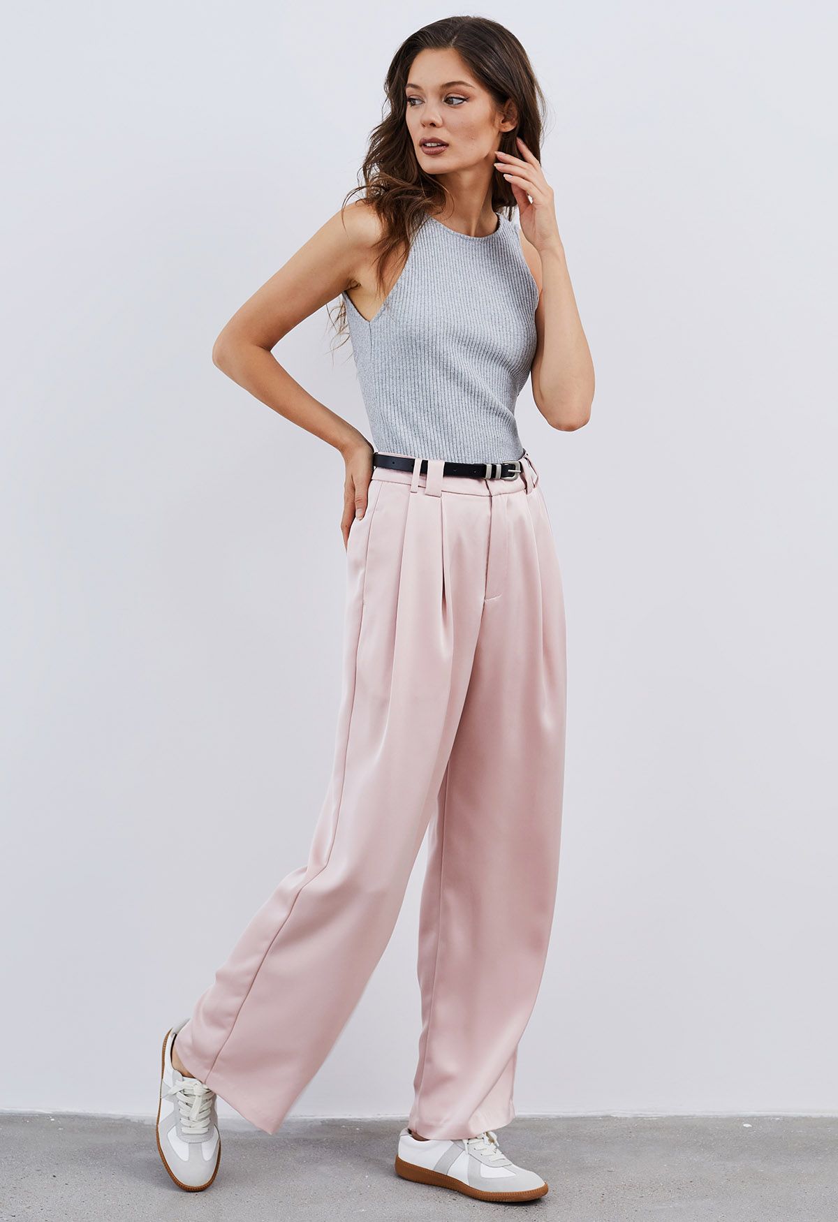 Satin Straight-Leg Pants with Faux Leather Belt in Pink - Retro, Indie and  Unique Fashion
