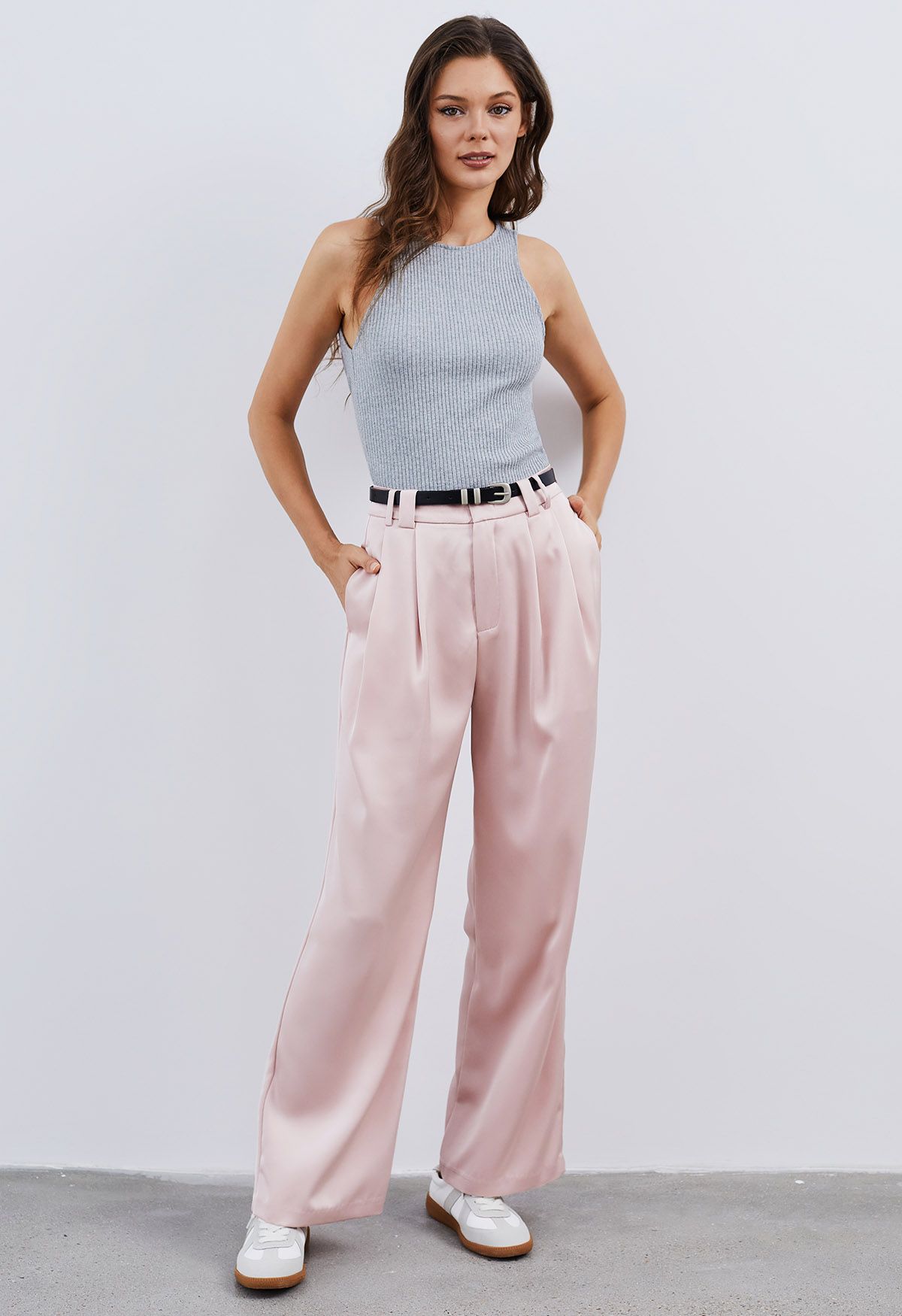 Satin Straight-Leg Pants with Faux Leather Belt in Pink