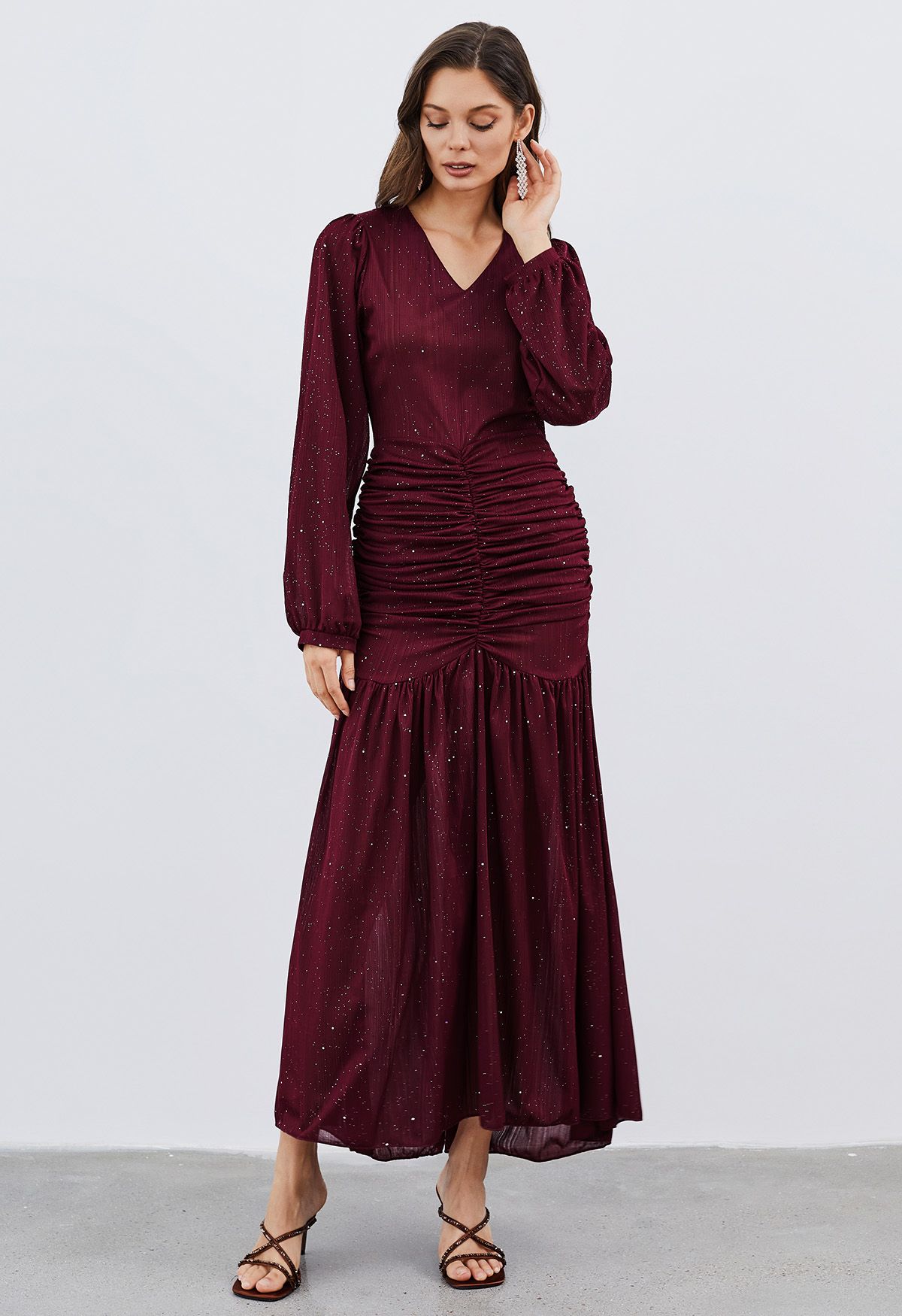 Burgundy long sleeve sales lace maxi dress