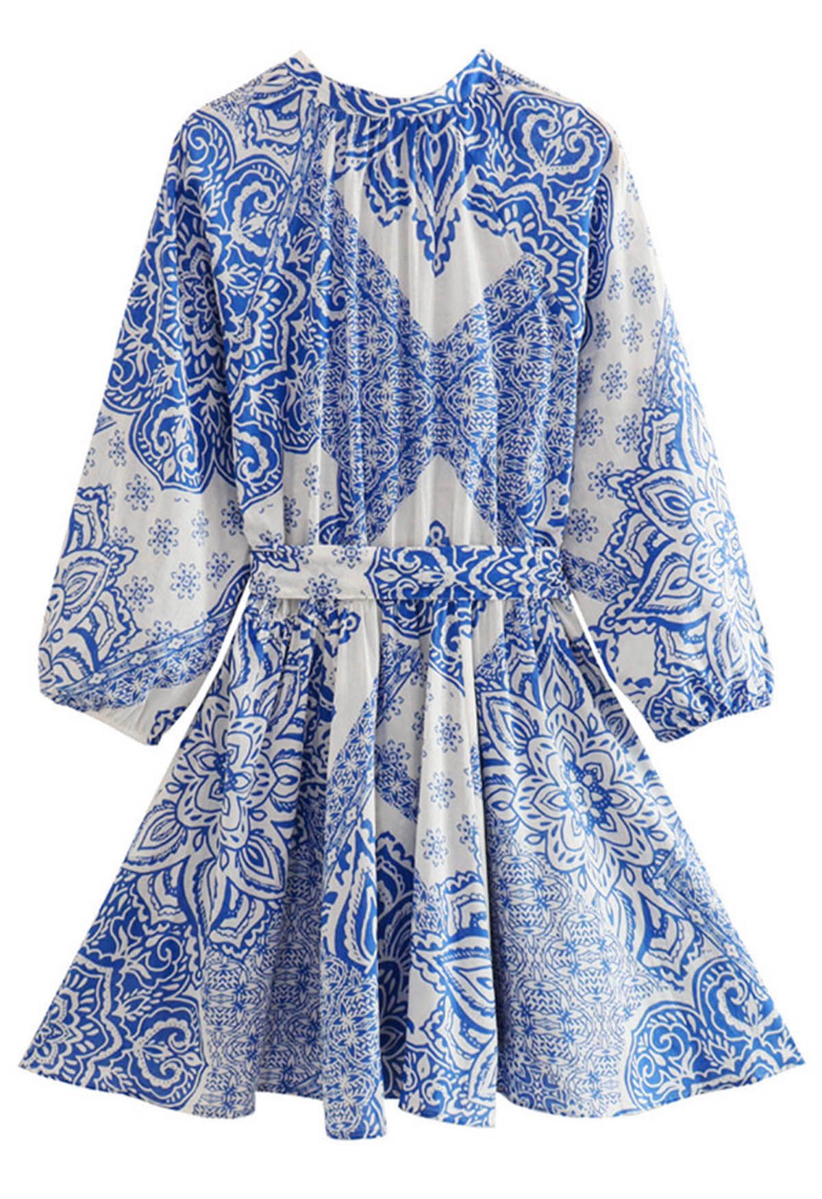 Blue Floral Printed Tie Waist Mini Dress