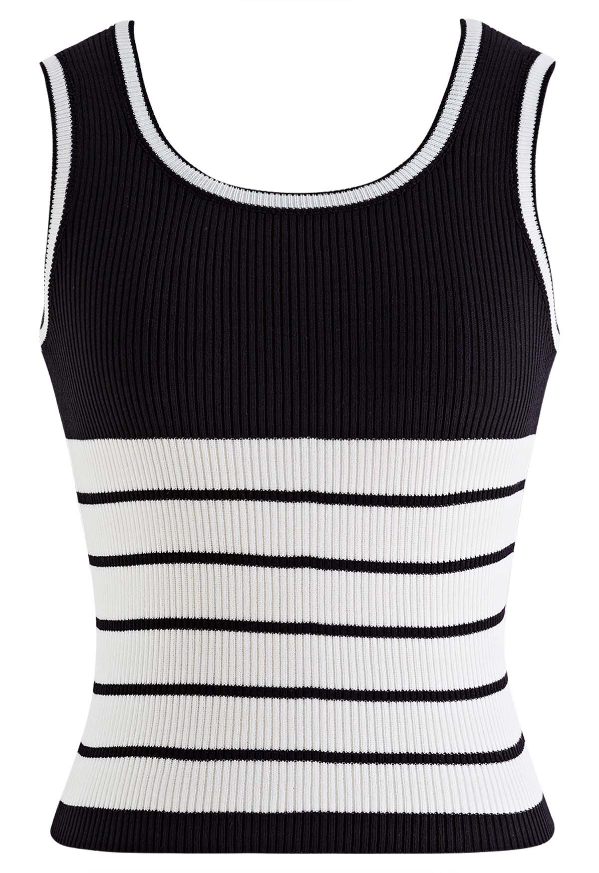 Contrast Stripes Ribbed Tank Top in Black