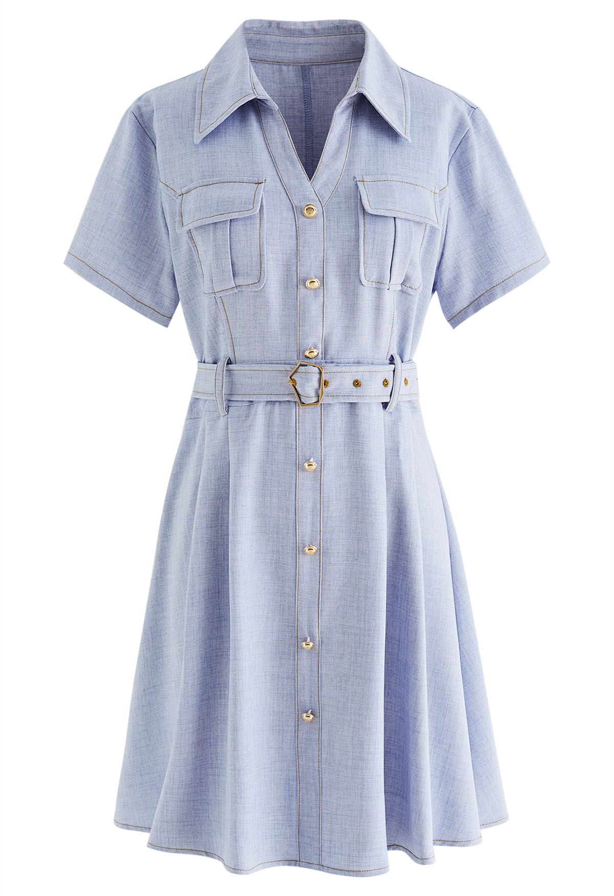 Button Trim Belted Shirt Dress