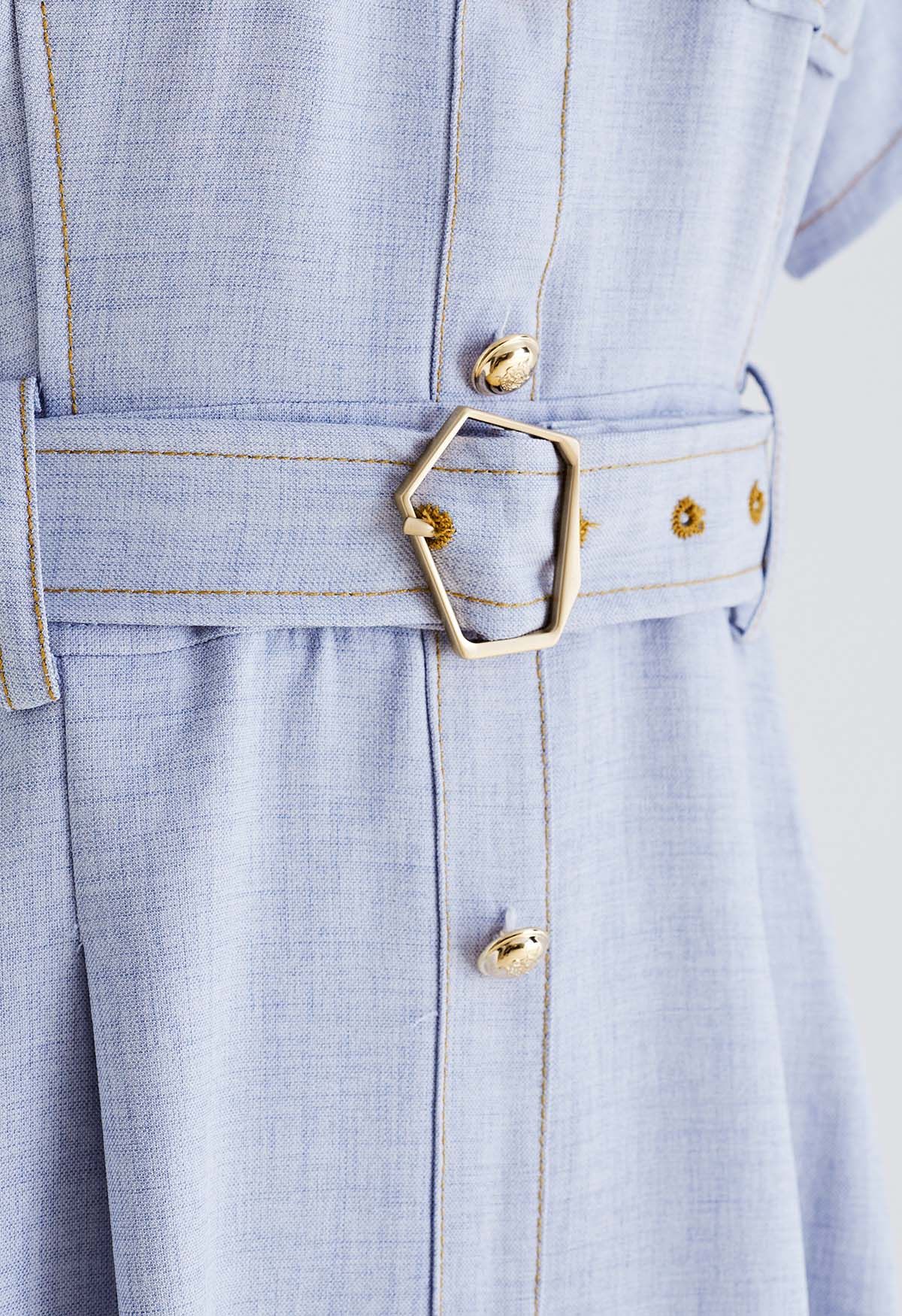 Button Trim Belted Shirt Dress