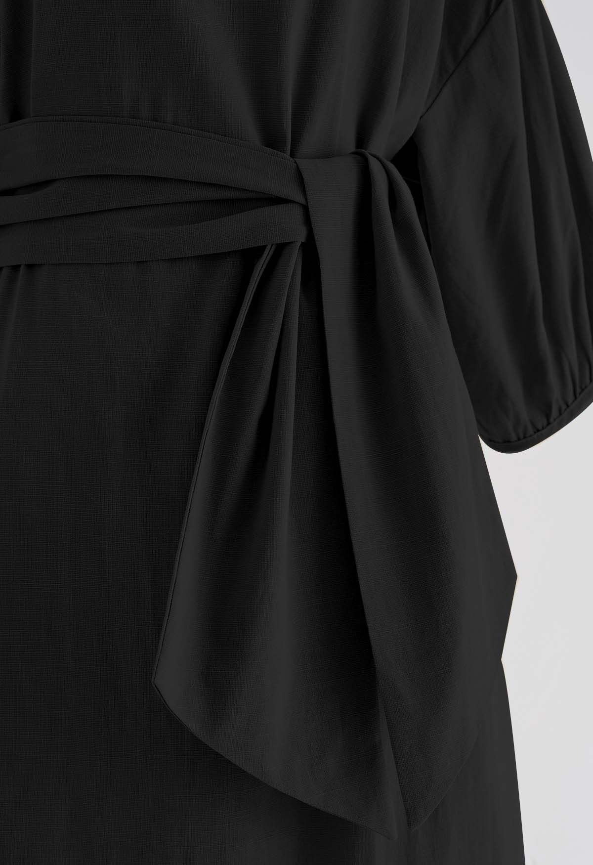 Tie-Waist Elbow Sleeves Linen Dress in Black - Retro, Indie and Unique  Fashion