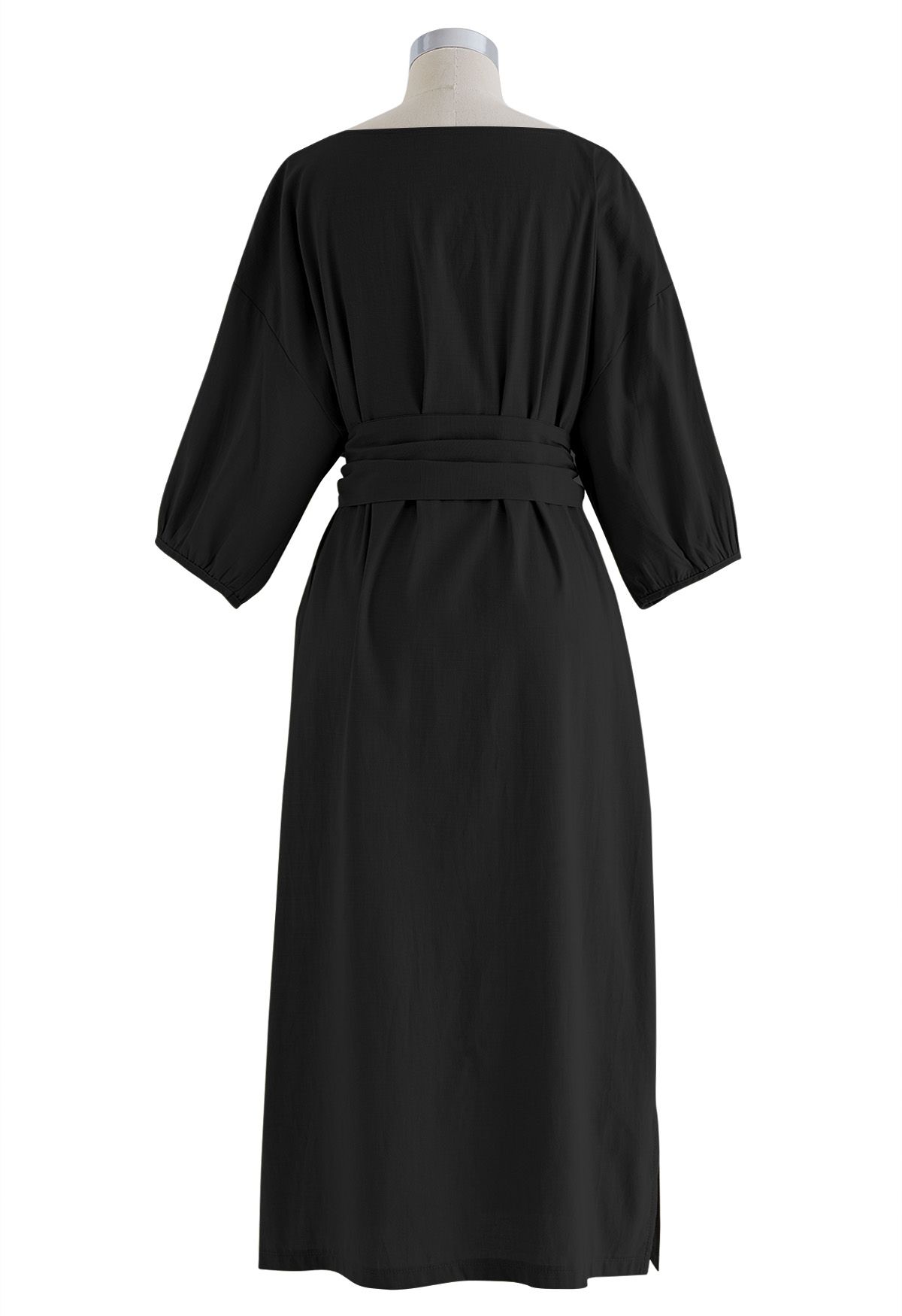 Tie-Waist Elbow Sleeves Linen Dress in Black