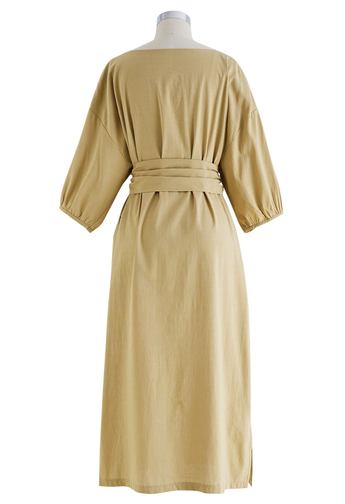 Tie-Waist Elbow Sleeves Linen Dress in Mustard