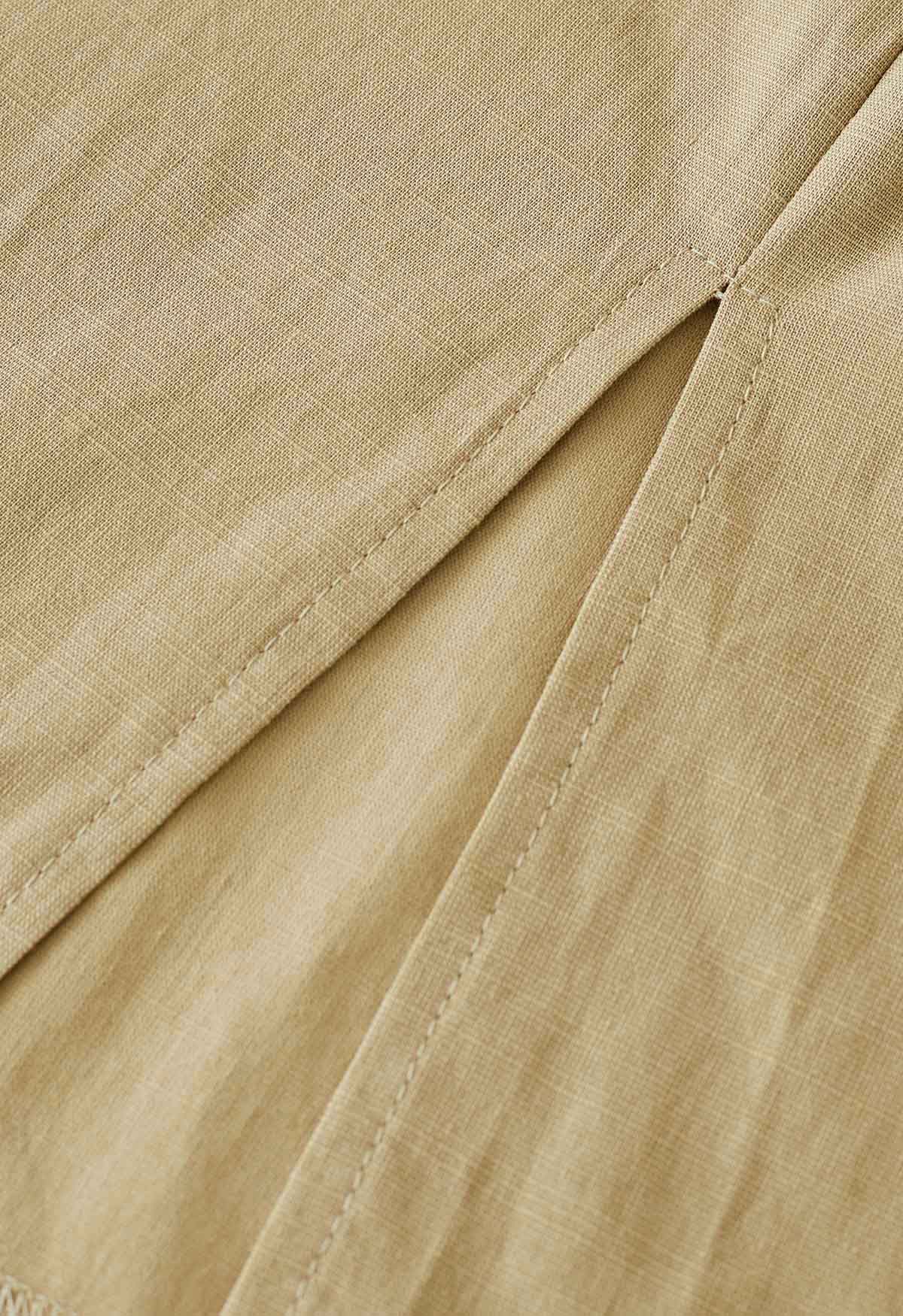 Tie-Waist Elbow Sleeves Linen Dress in Mustard