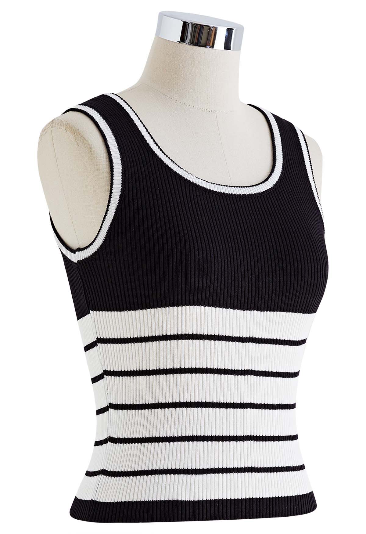 Contrast Stripes Ribbed Tank Top in Black