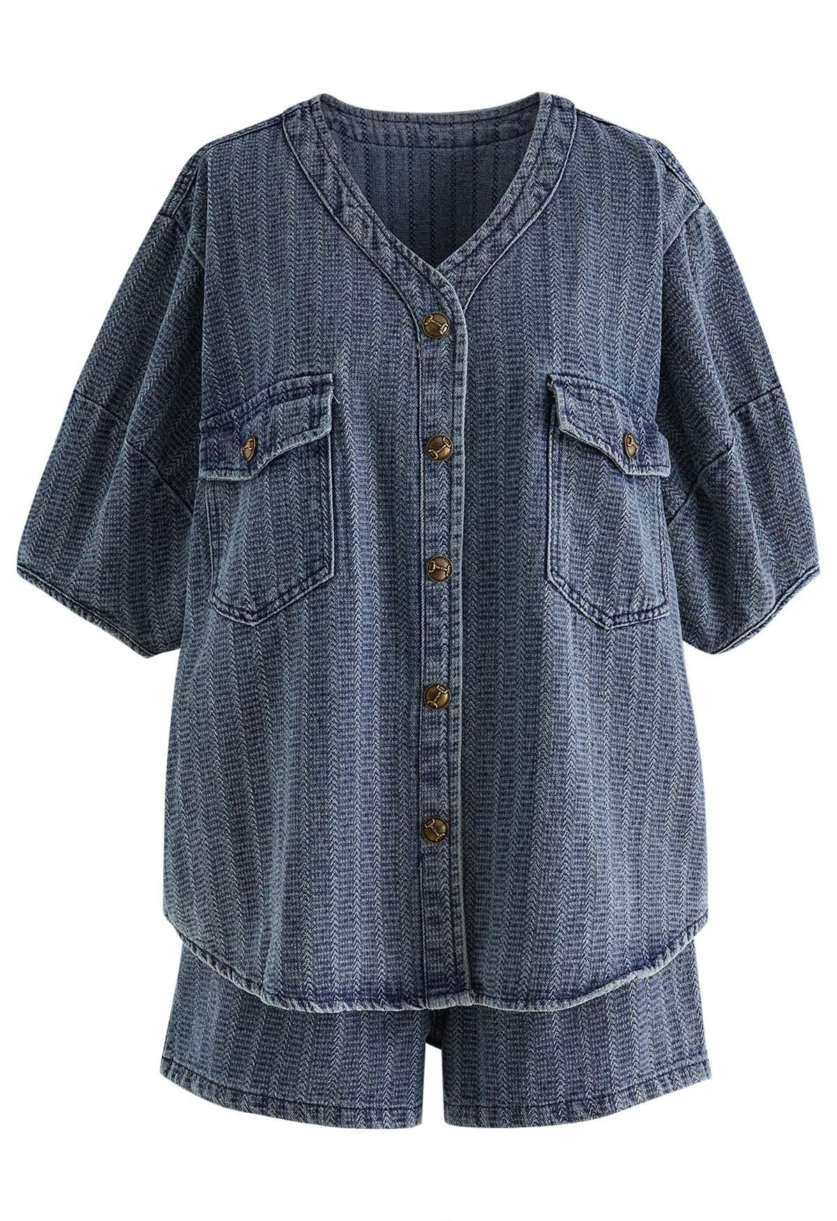 Textured Washed Denim Blouse and Shorts Set