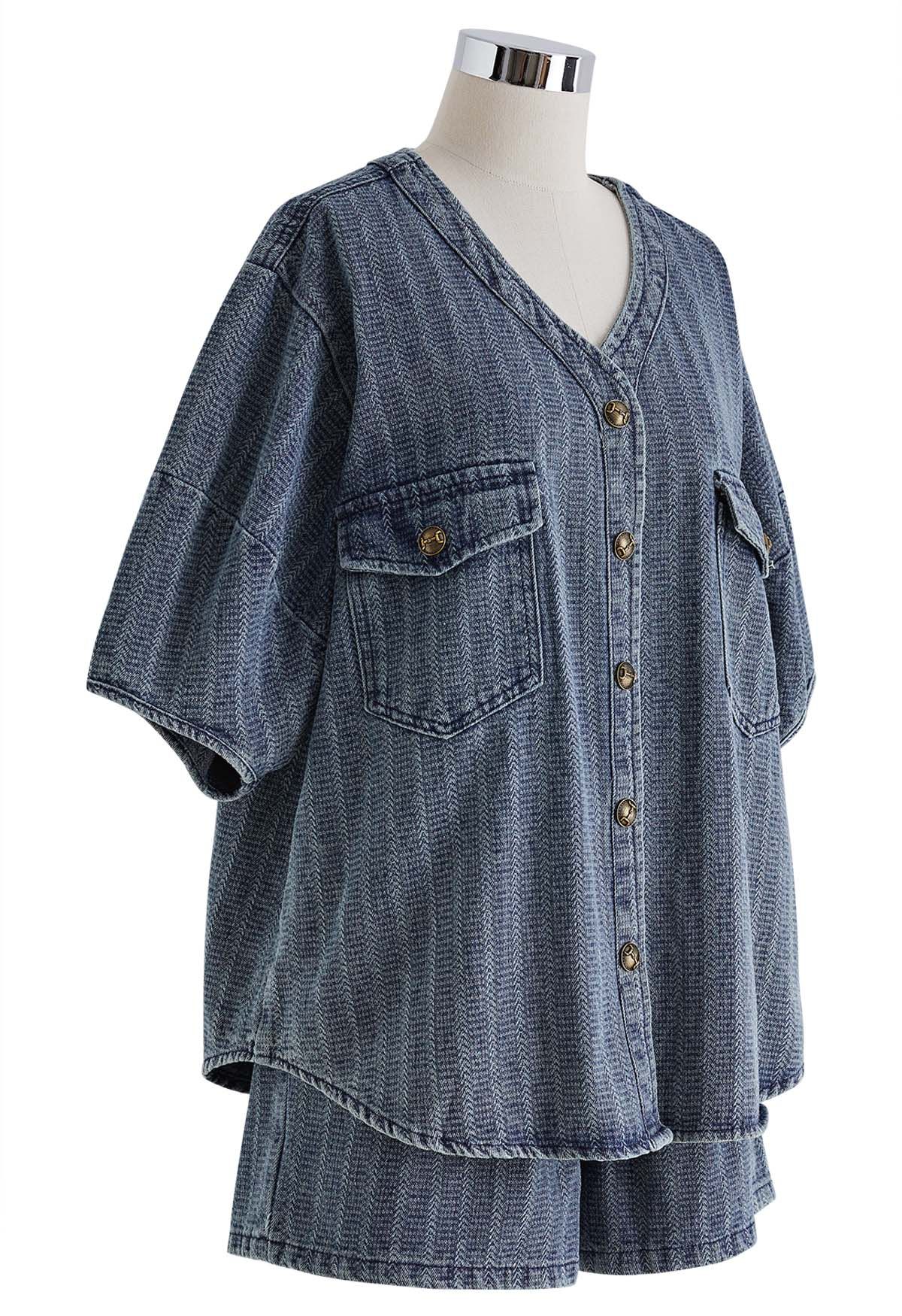 Textured Washed Denim Blouse and Shorts Set