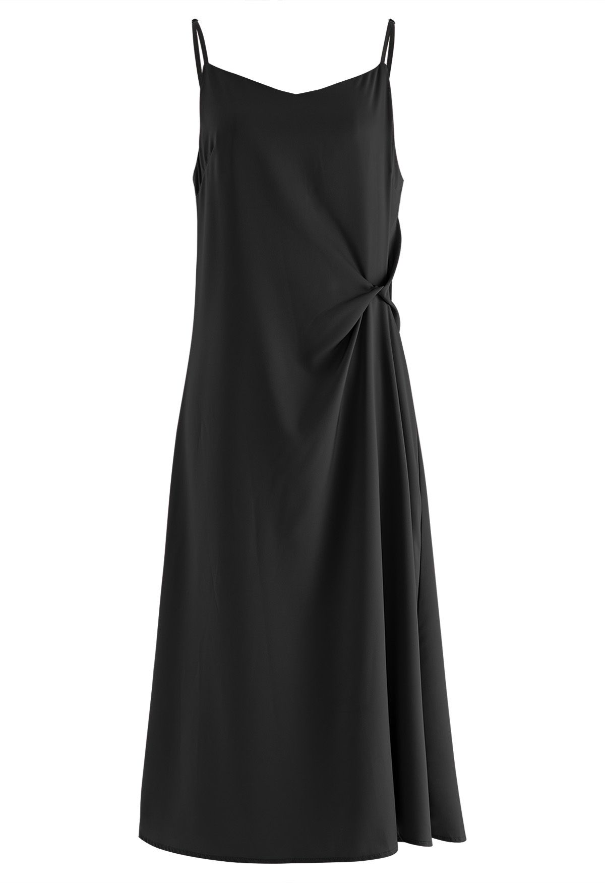 Sweetheart Neck Side Twisted Satin Cami Dress in Black