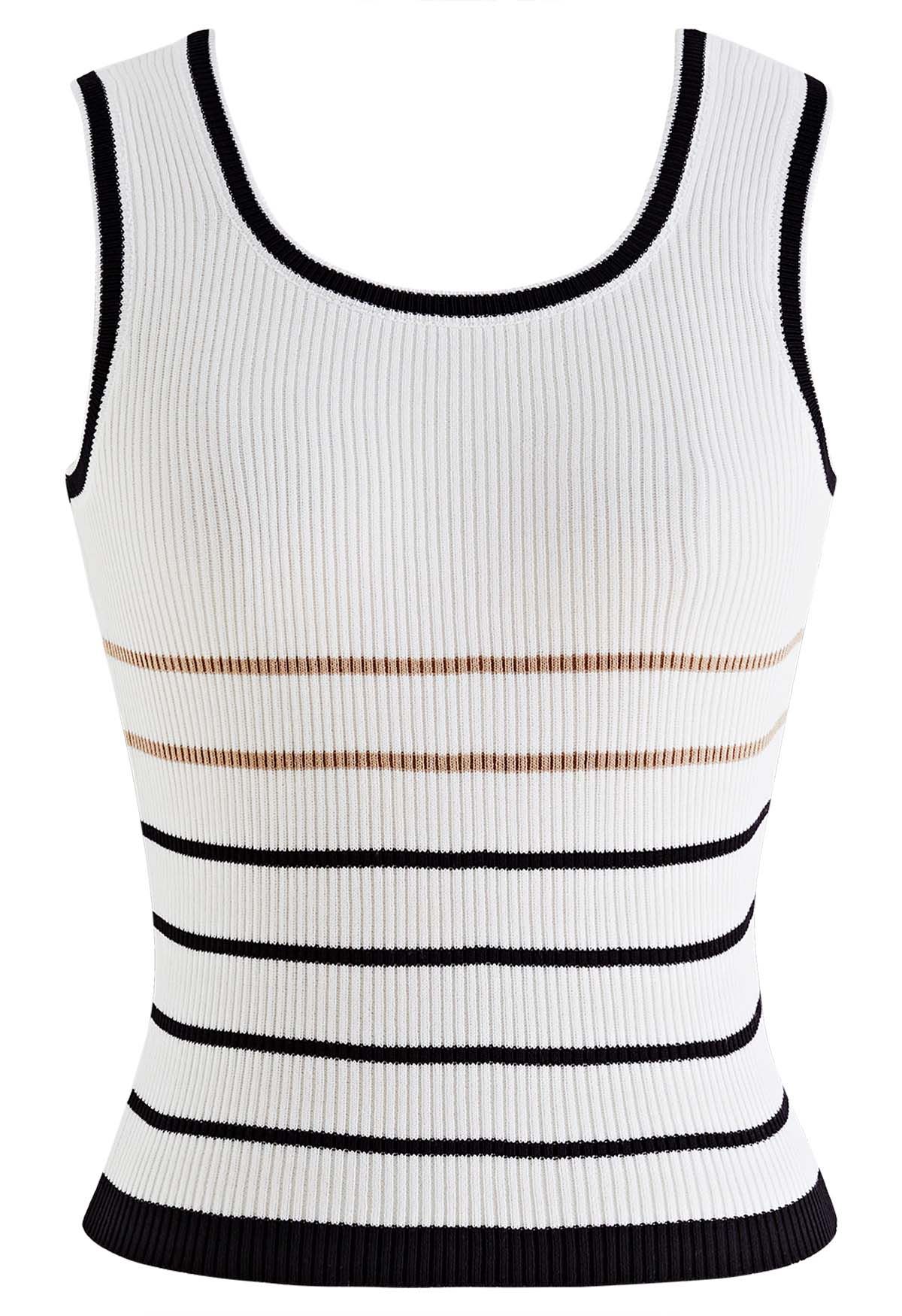 Contrast Stripes Ribbed Tank Top in White