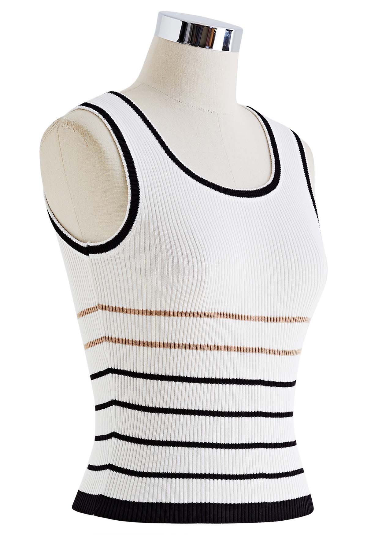 Contrast Stripes Ribbed Tank Top in White