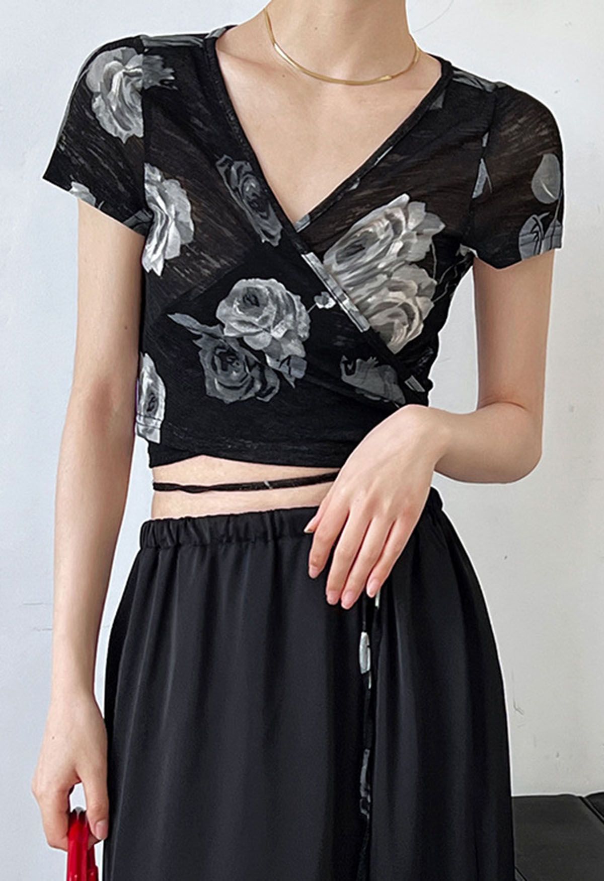 Watercolor Rose Print Wrap Crop Top in Black