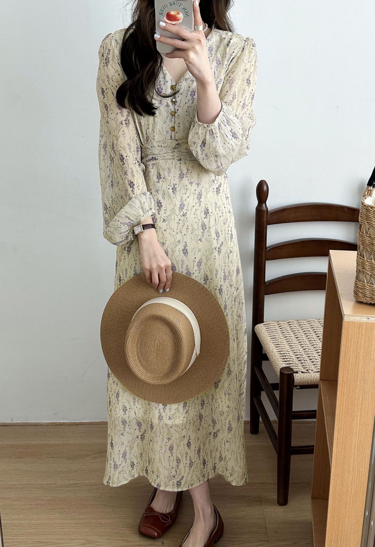 V-Neck Floral Tie Waist Chiffon Dress in Light Yellow