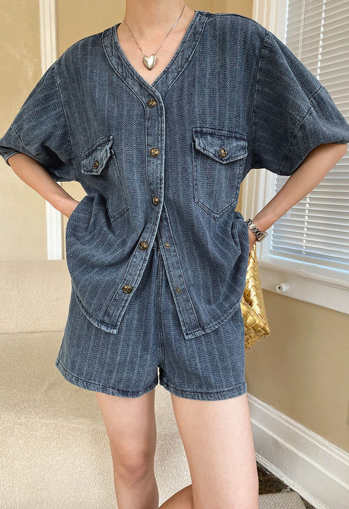 Textured Washed Denim Blouse and Shorts Set