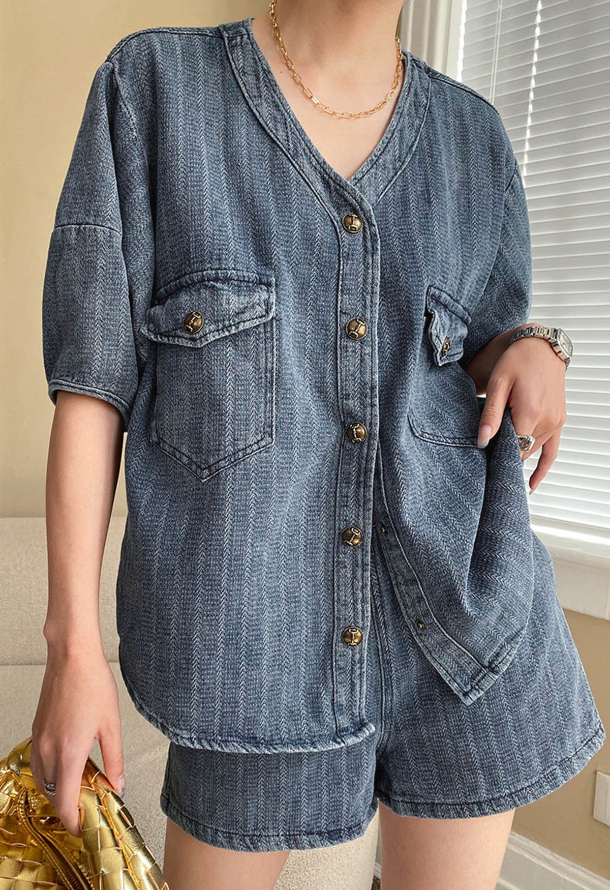 Textured Washed Denim Blouse and Shorts Set