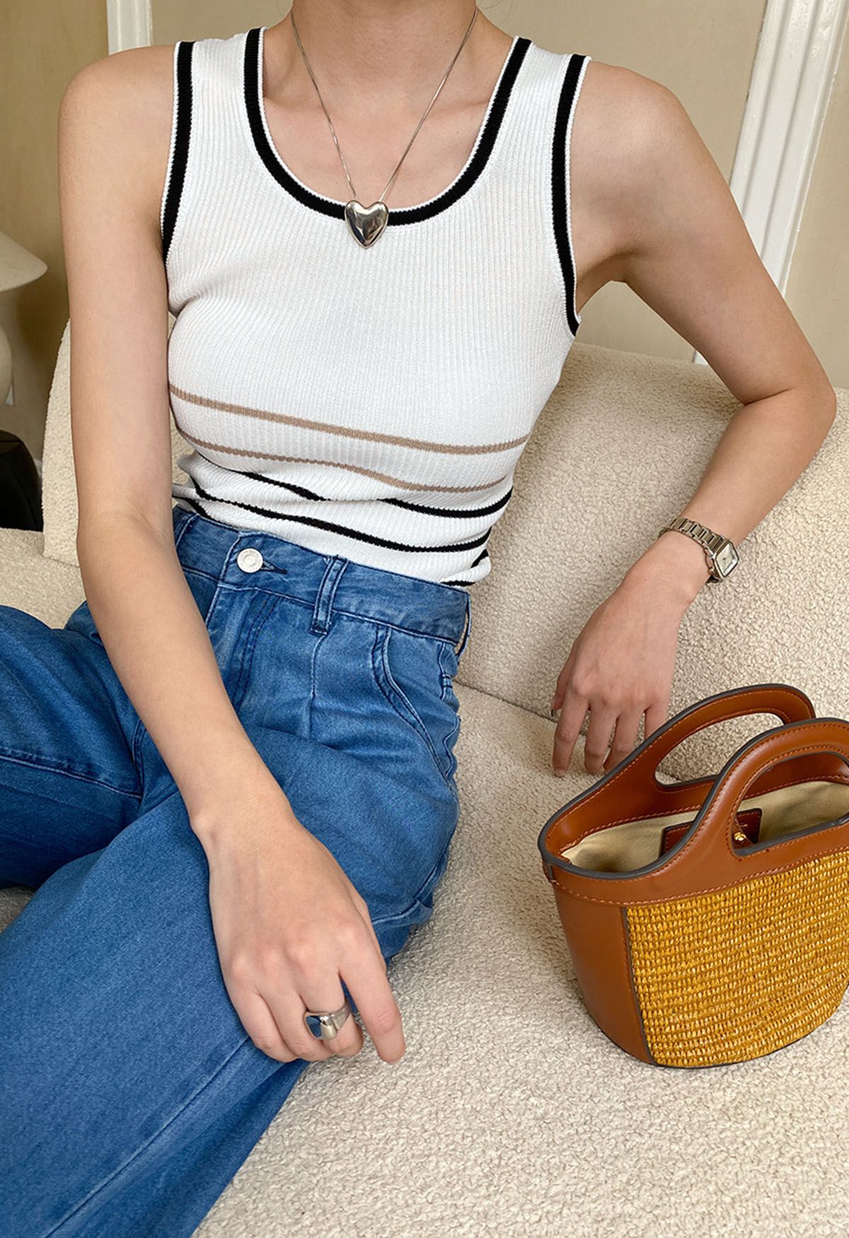 Contrast Stripes Ribbed Tank Top in White