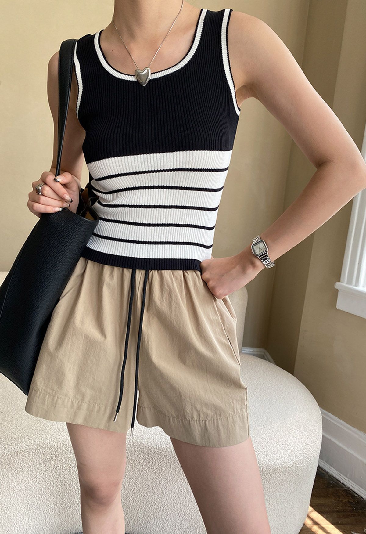 Contrast Stripes Ribbed Tank Top in Black