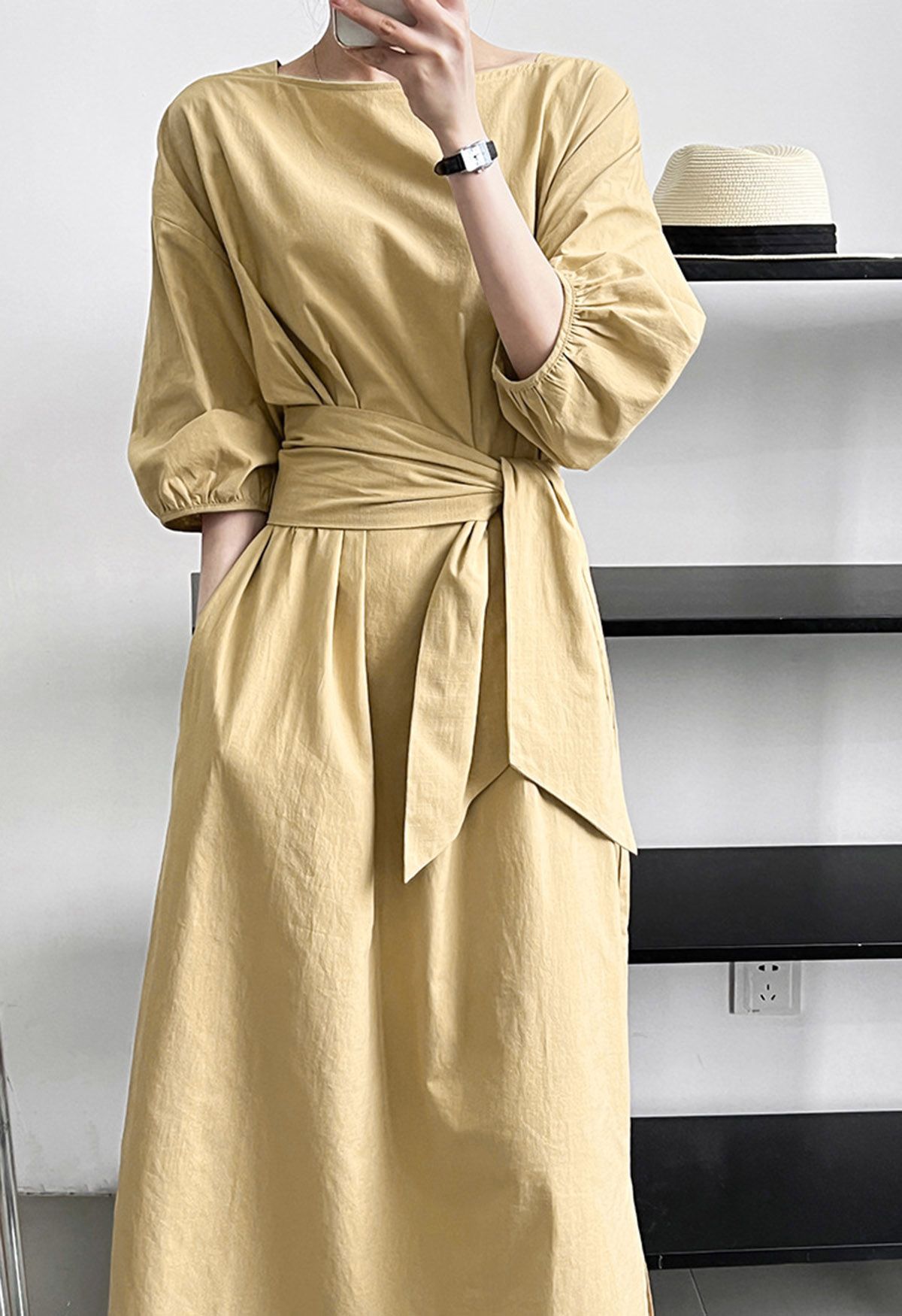 Tie-Waist Elbow Sleeves Linen Dress in Mustard