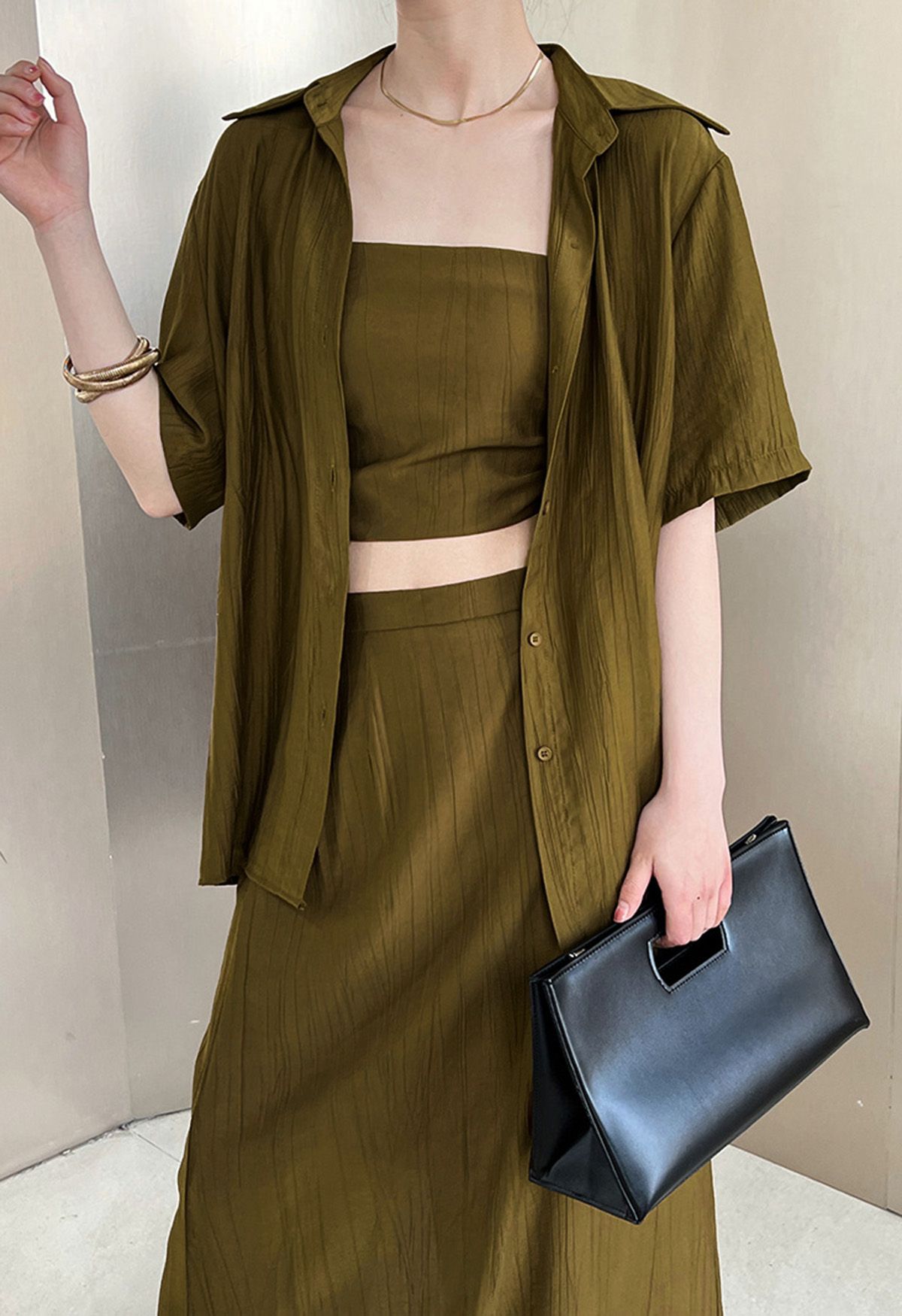 Textured Shirt with Tube Top and Maxi Skirt Set in Army Green