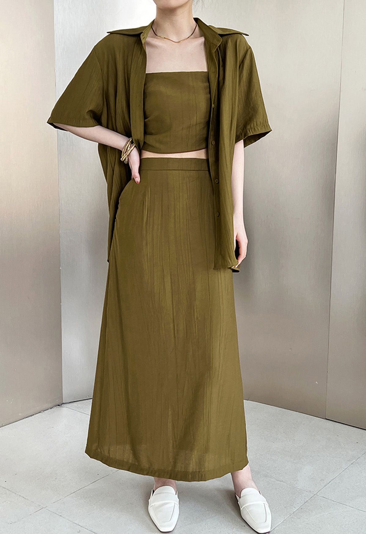 Textured Shirt with Tube Top and Maxi Skirt Set in Army Green