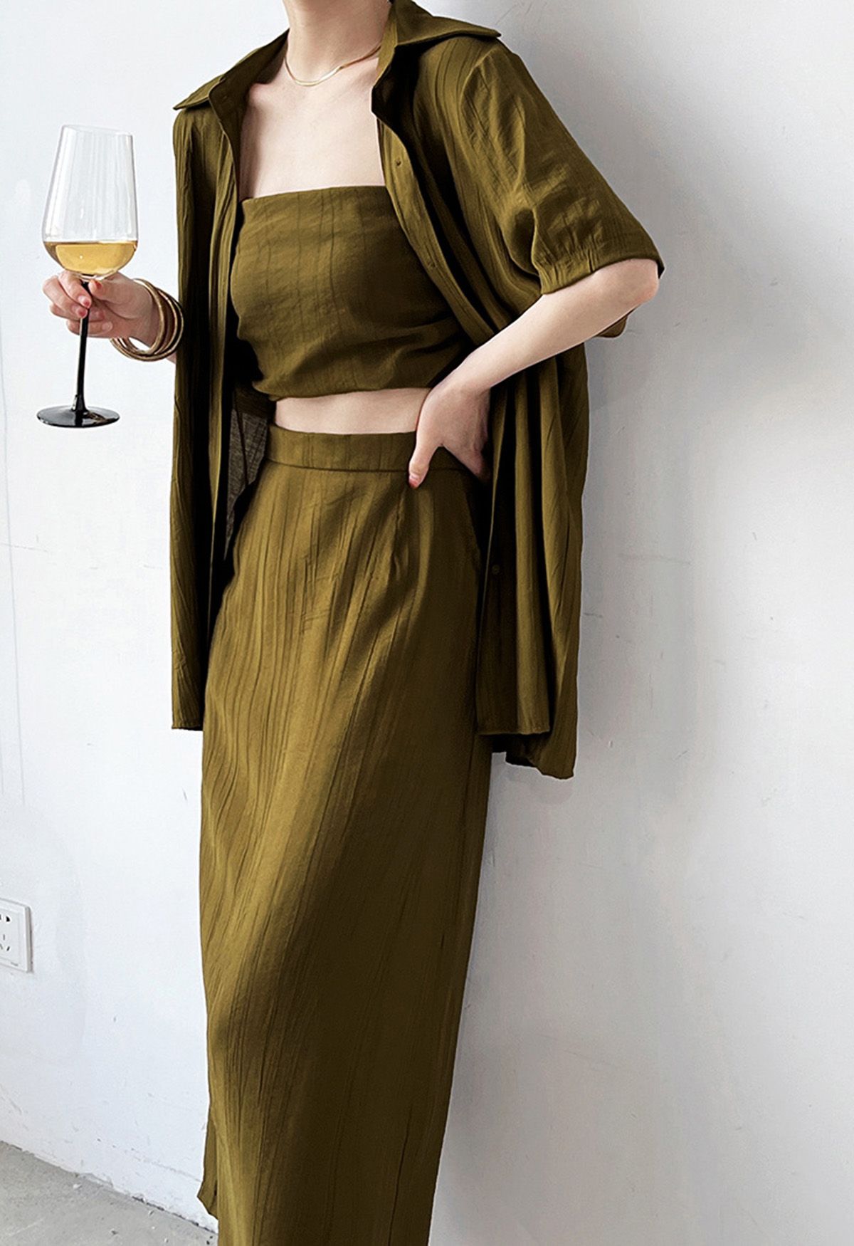 Textured Shirt with Tube Top and Maxi Skirt Set in Army Green