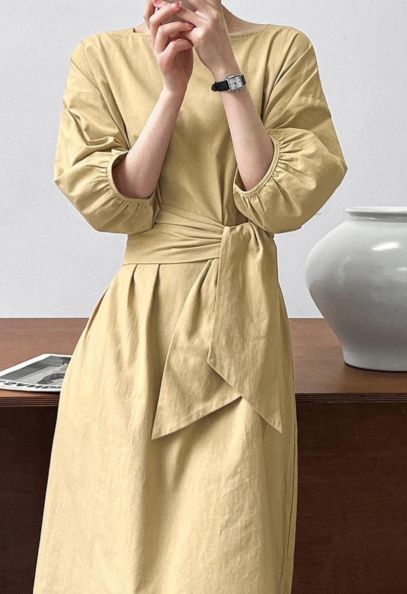 Tie-Waist Elbow Sleeves Linen Dress in Mustard