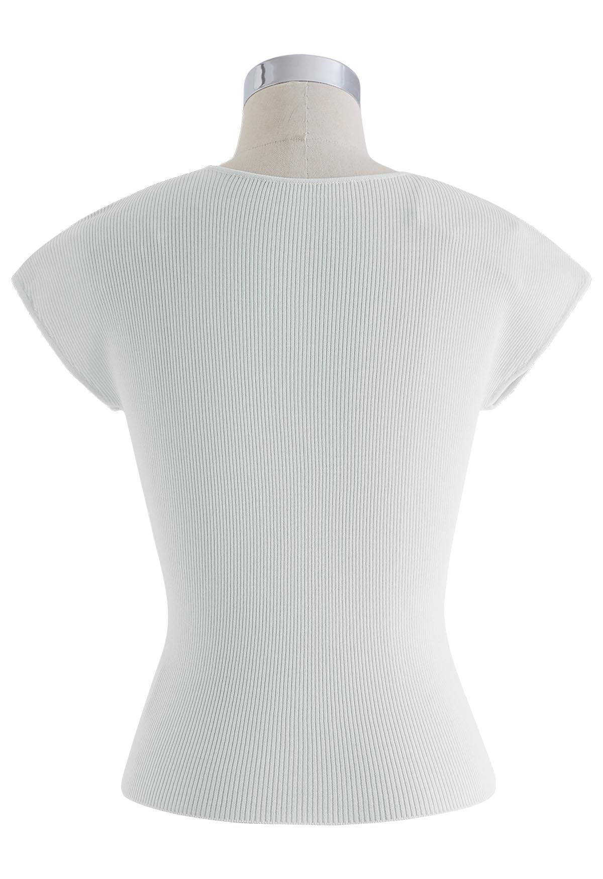 V-Neck Fitted Rib Knit Top in Ivory