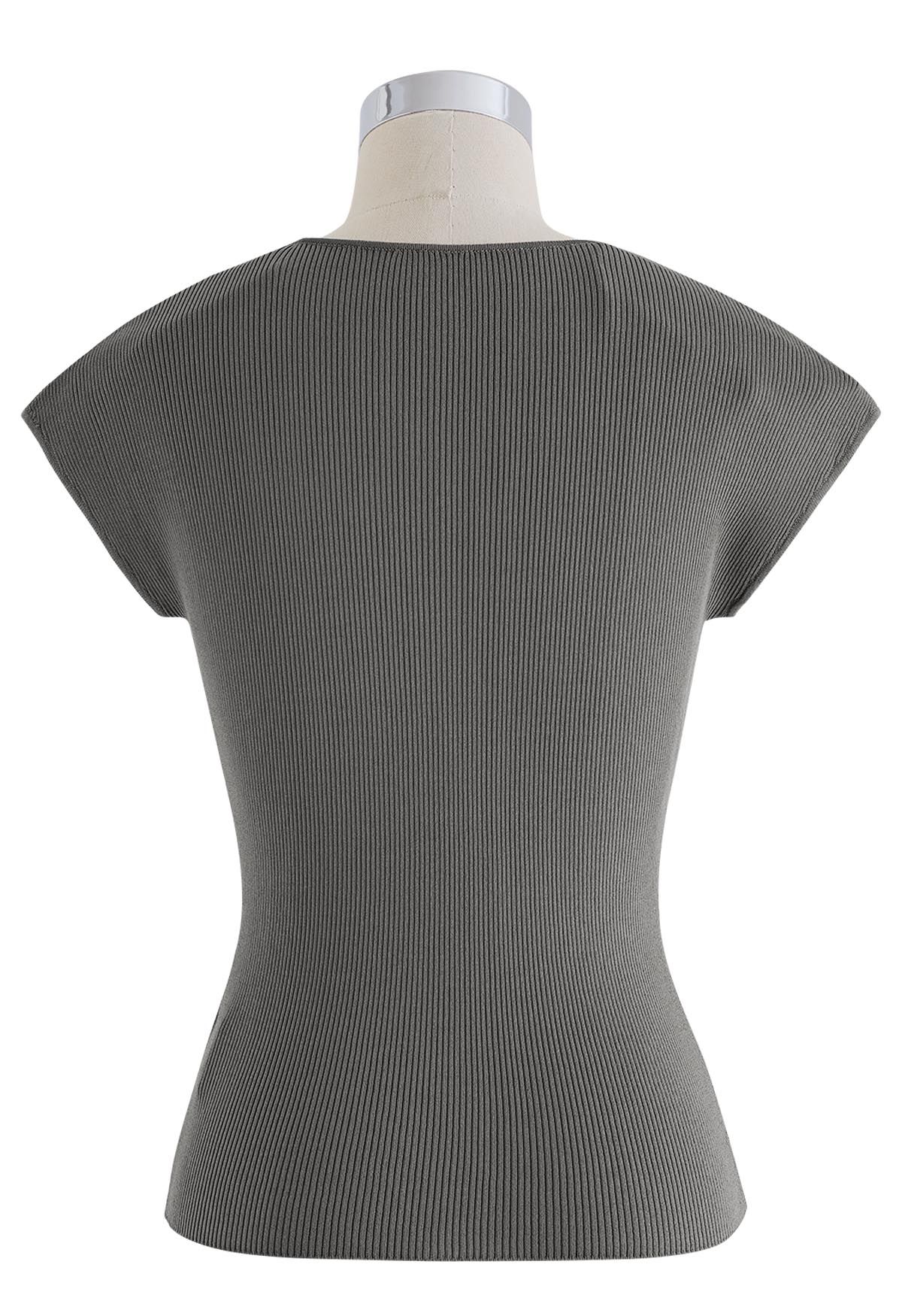 V-Neck Fitted Rib Knit Top in Smoke