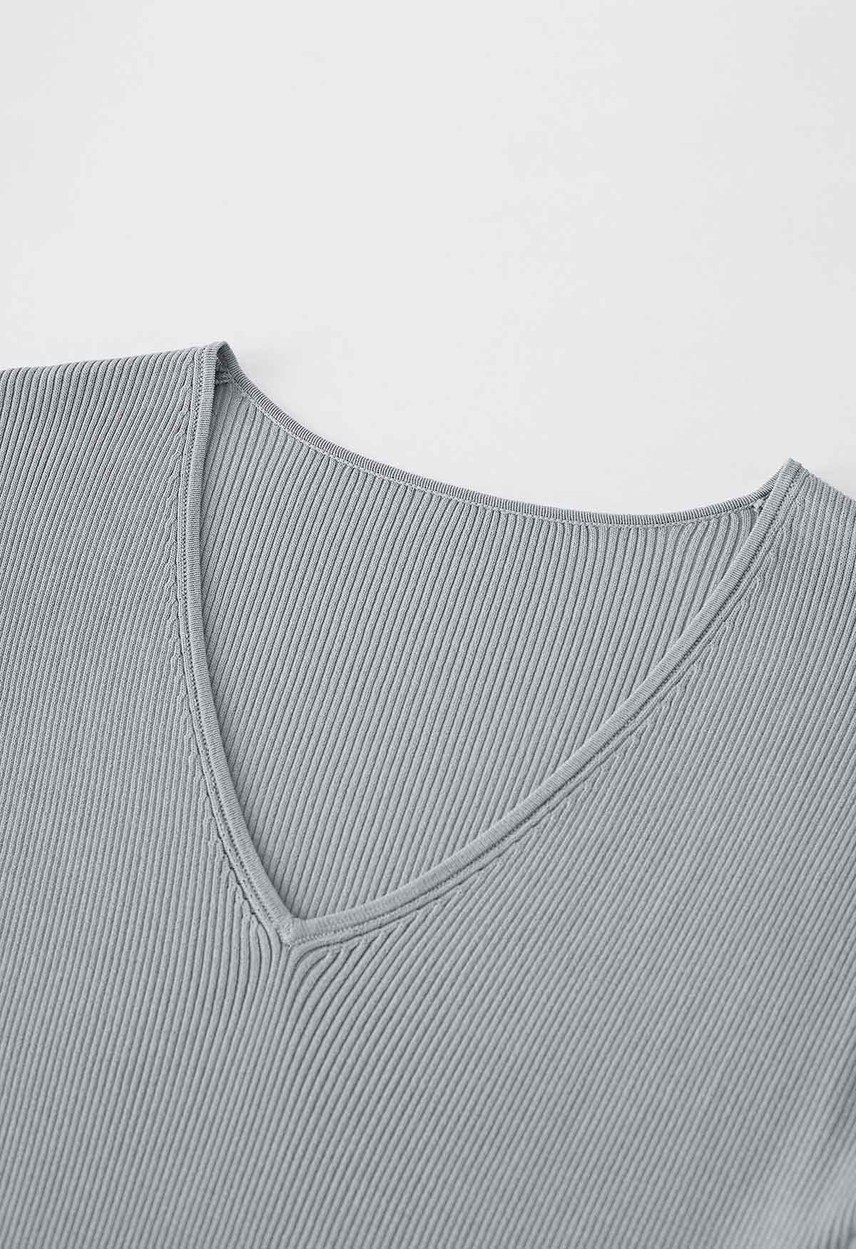 V-Neck Fitted Rib Knit Top in Dusty Blue