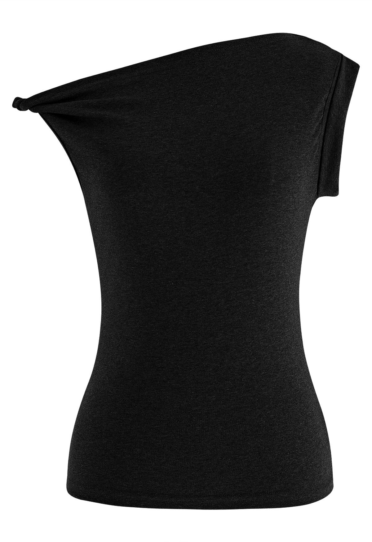 Twist Detail One Shoulder Sleeveless Top in Black