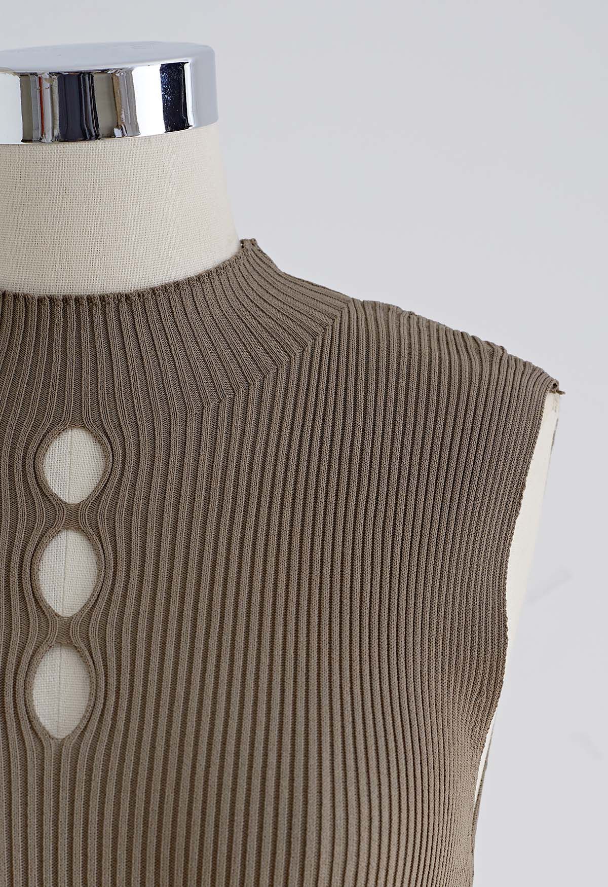 Cutout Rib Knit Sleeveless Top in Brown