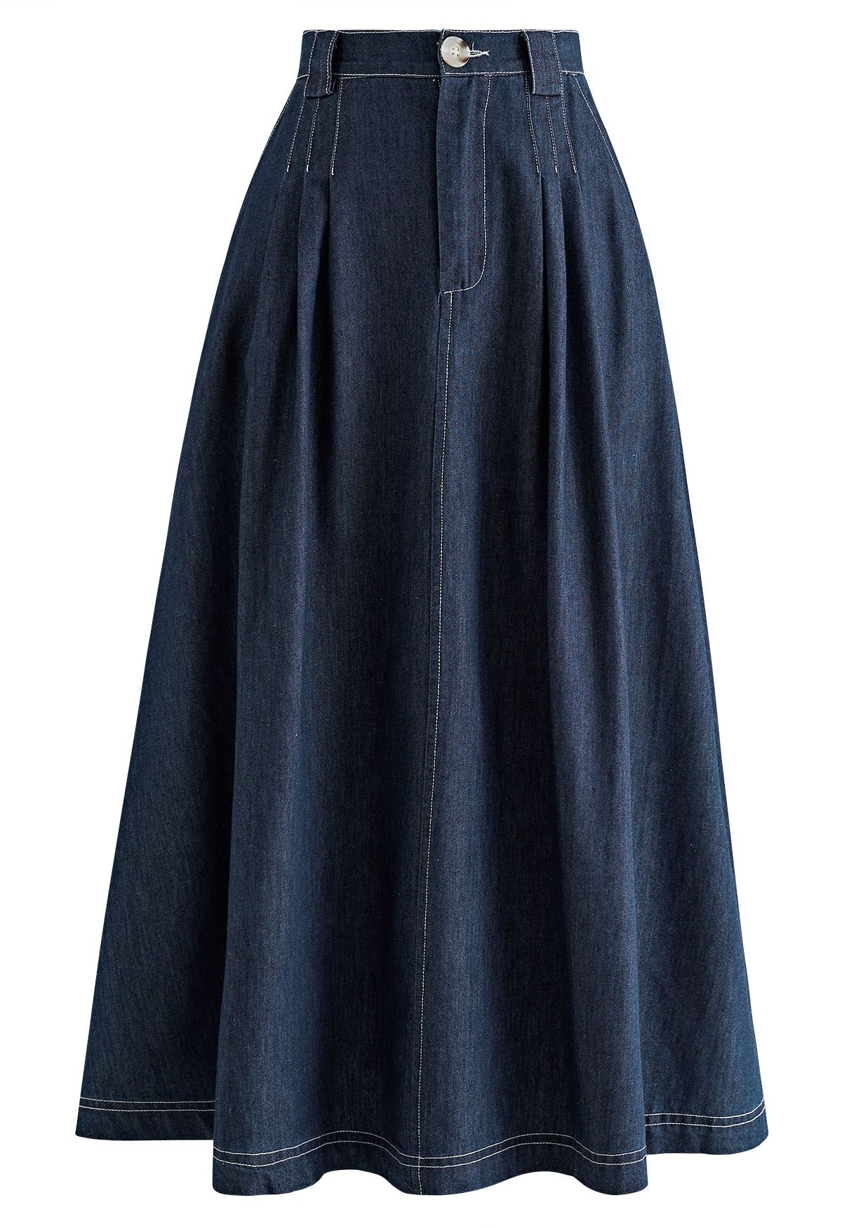 Pleated Seam A-Line Denim Skirt