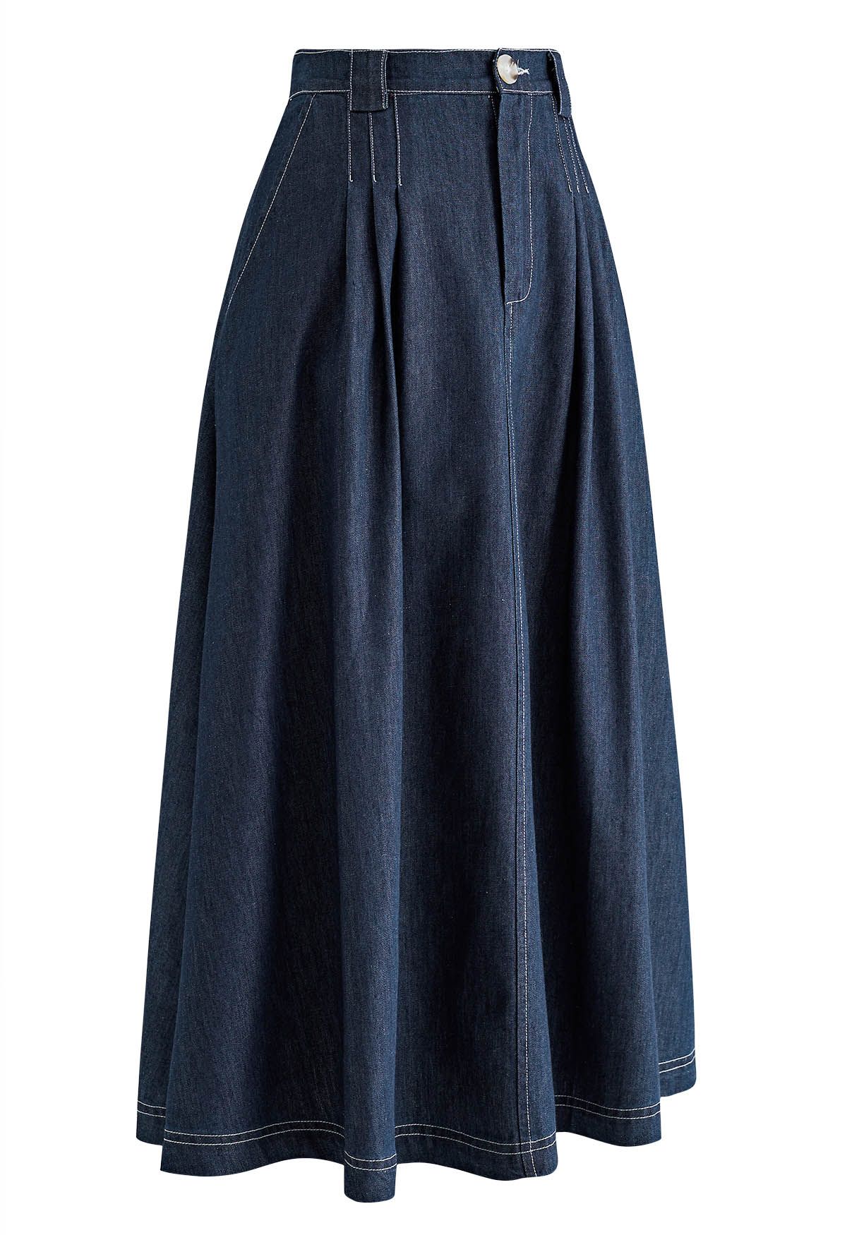 Pleated Seam A-Line Denim Skirt