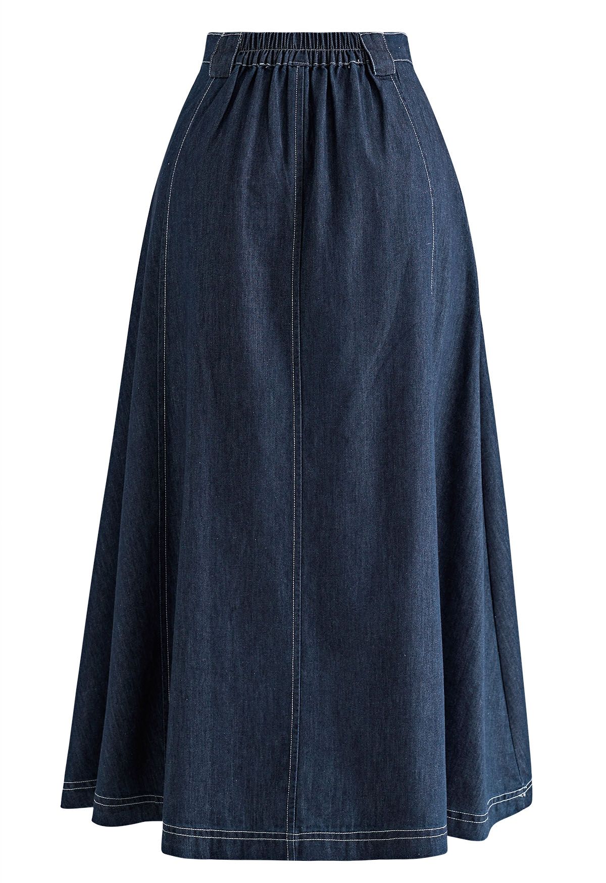 Pleated Seam A-Line Denim Skirt