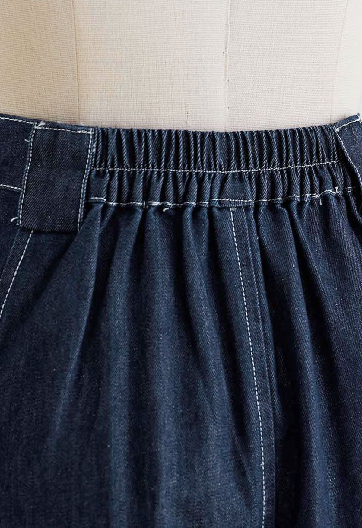 Pleated Seam A-Line Denim Skirt