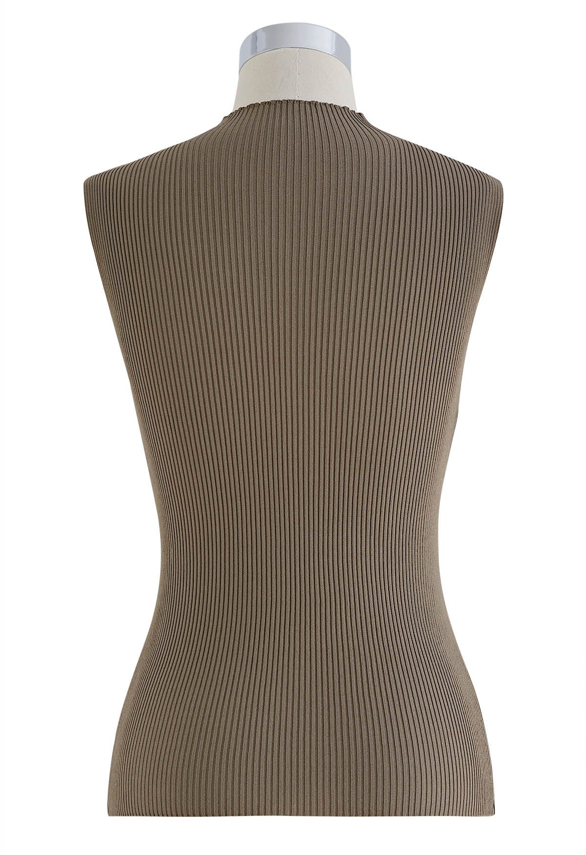 Cutout Rib Knit Sleeveless Top in Brown