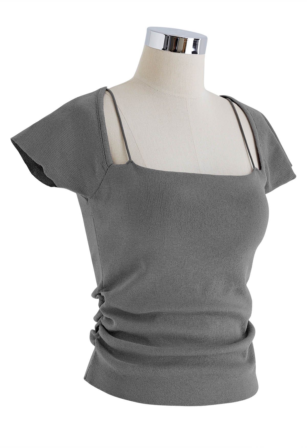 Side Ruched Square Neck Knit Top in Grey