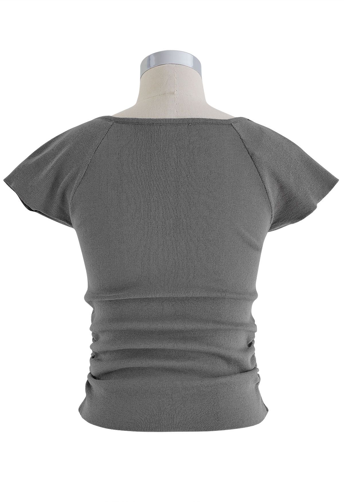 Side Ruched Square Neck Knit Top in Grey