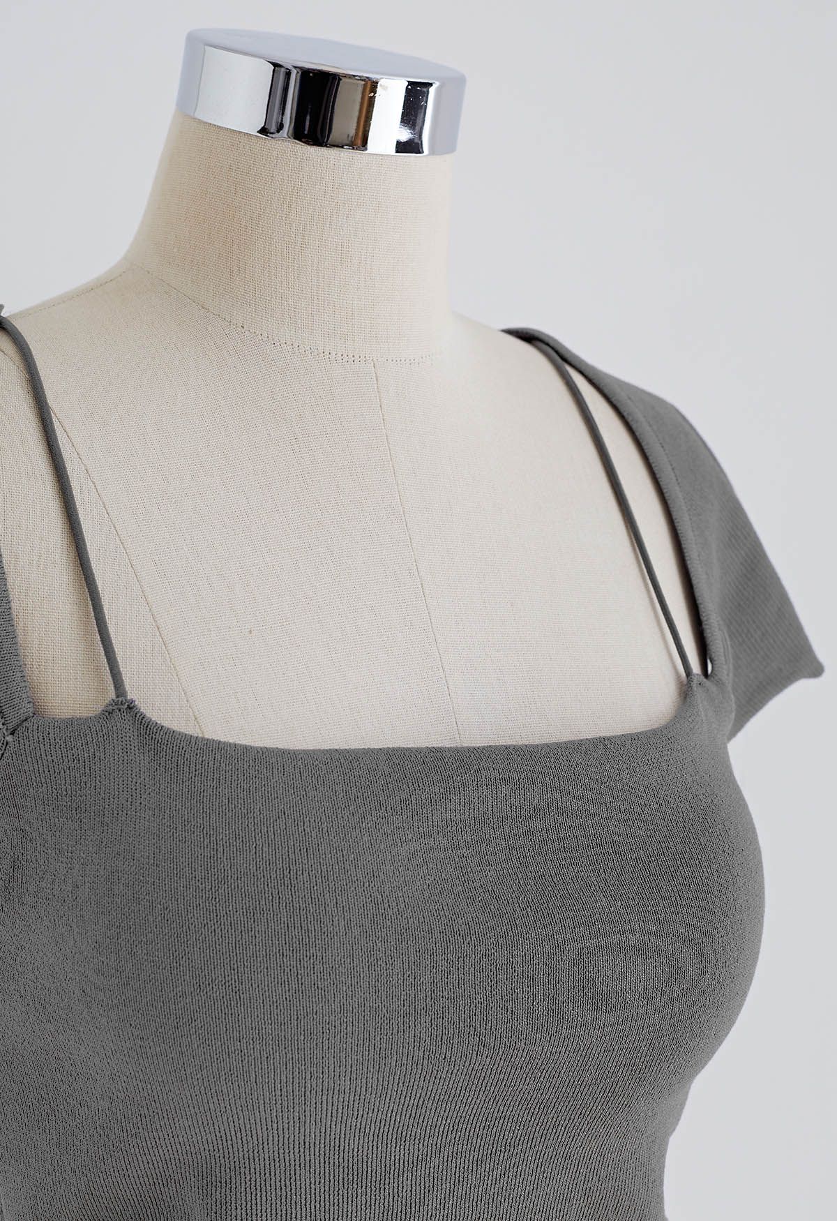 Side Ruched Square Neck Knit Top in Grey