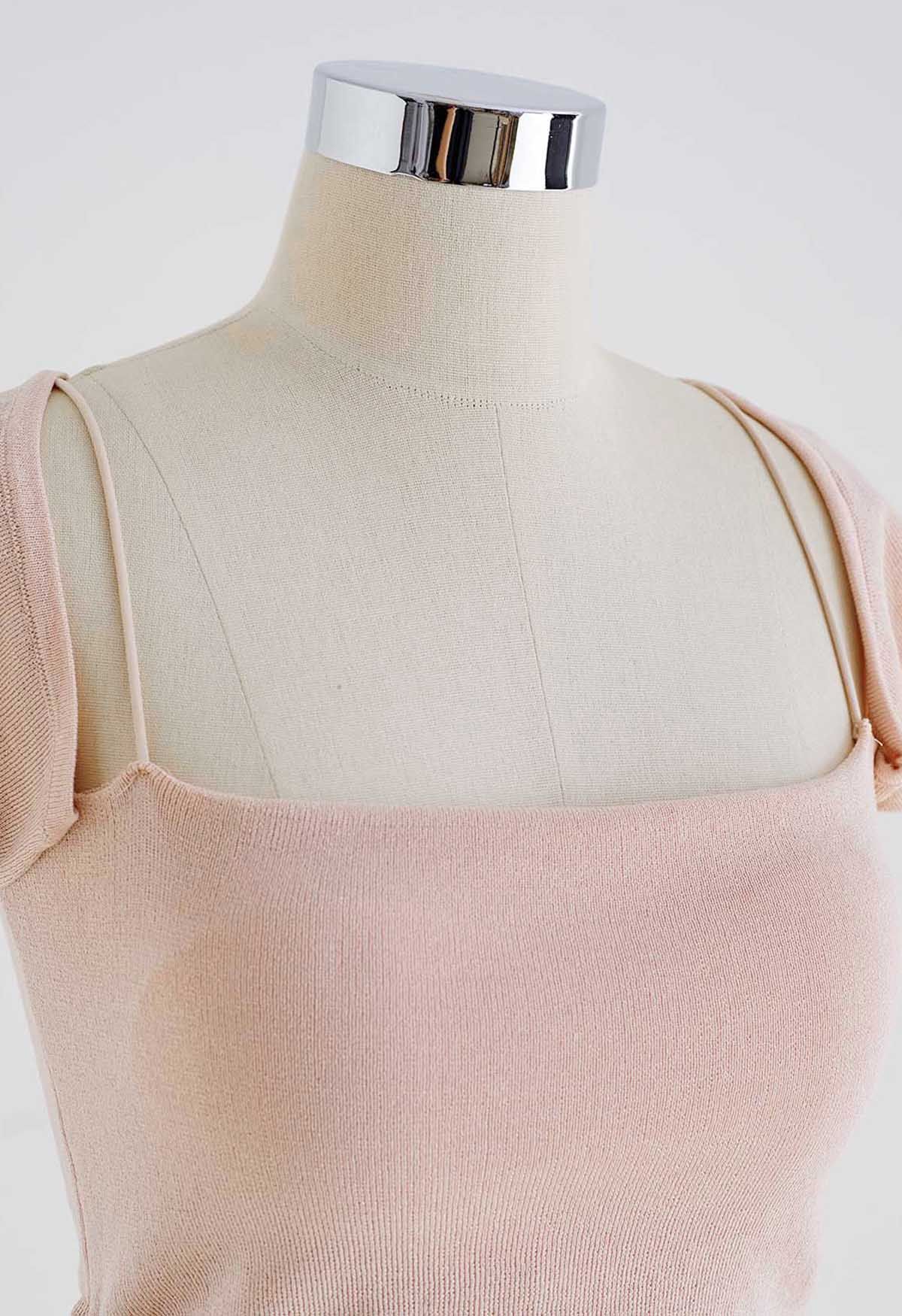 Side Ruched Square Neck Knit Top in Pink