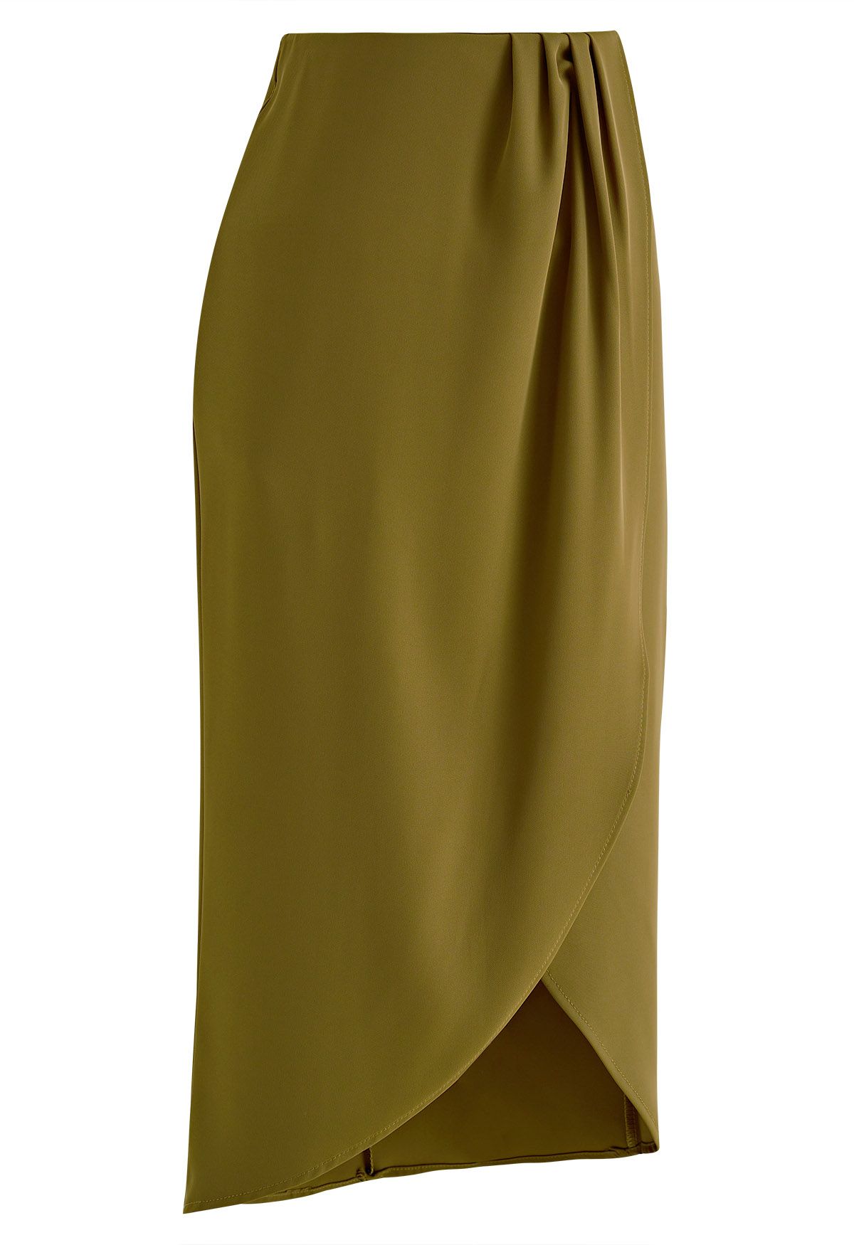 Pleated Detail Tulip Hem Midi Skirt in Moss Green