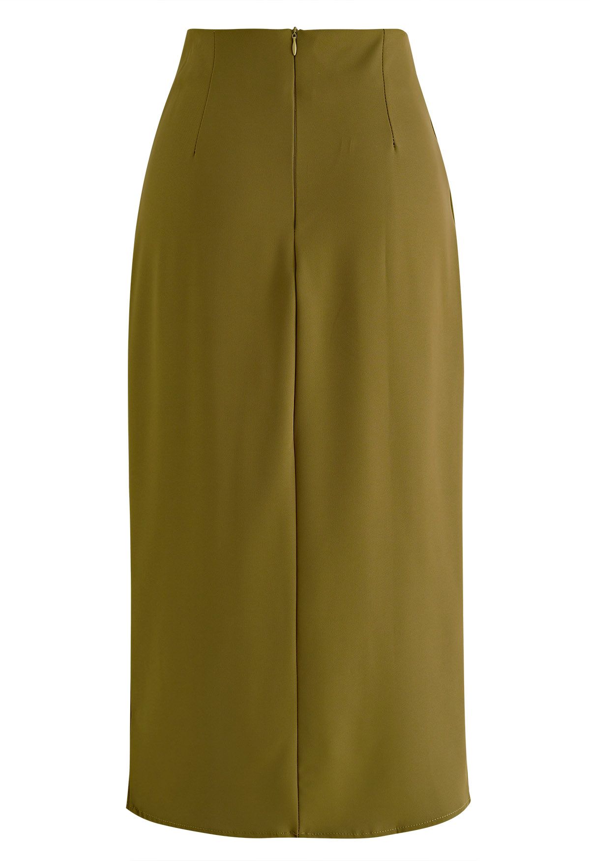 Pleated Detail Tulip Hem Midi Skirt in Moss Green