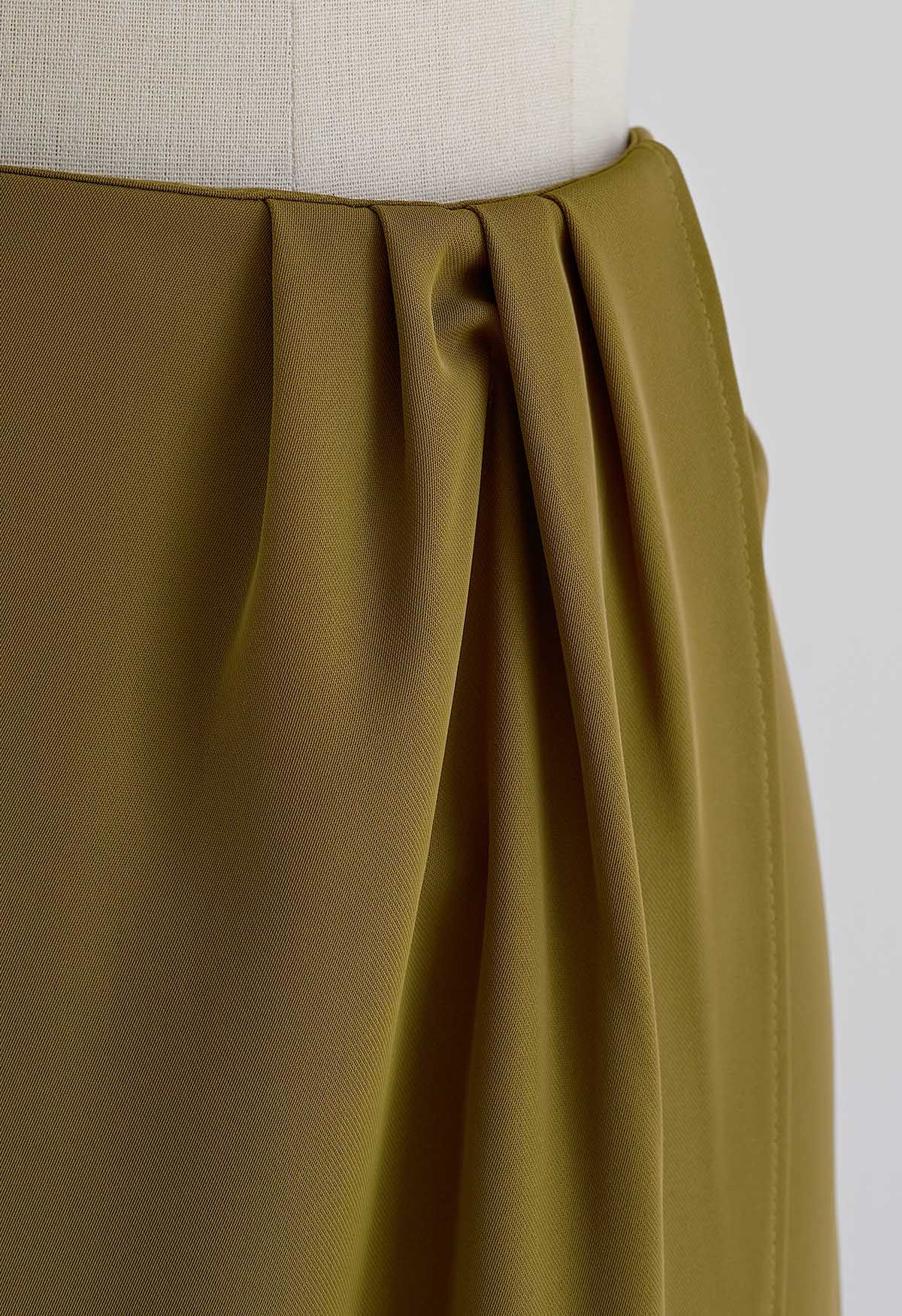 Pleated Detail Tulip Hem Midi Skirt in Moss Green