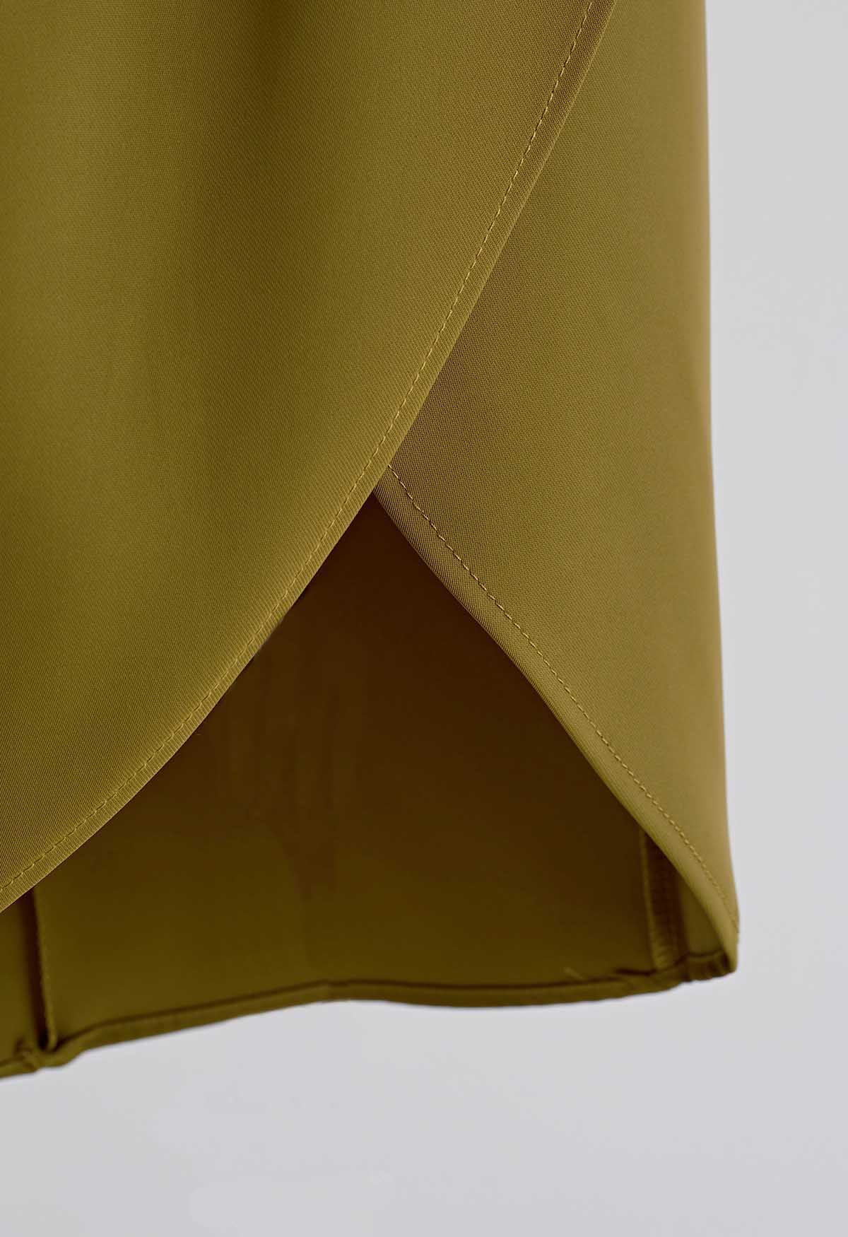 Pleated Detail Tulip Hem Midi Skirt in Moss Green