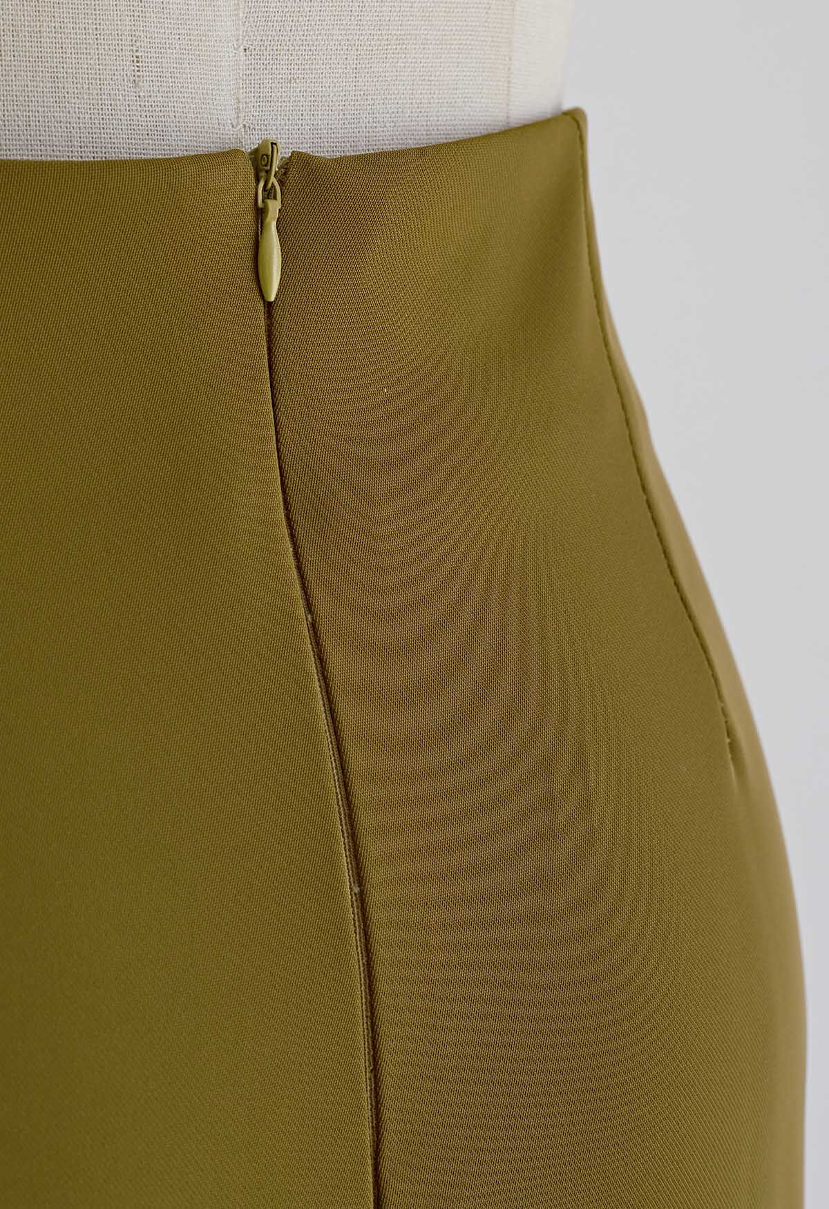 Pleated Detail Tulip Hem Midi Skirt in Moss Green